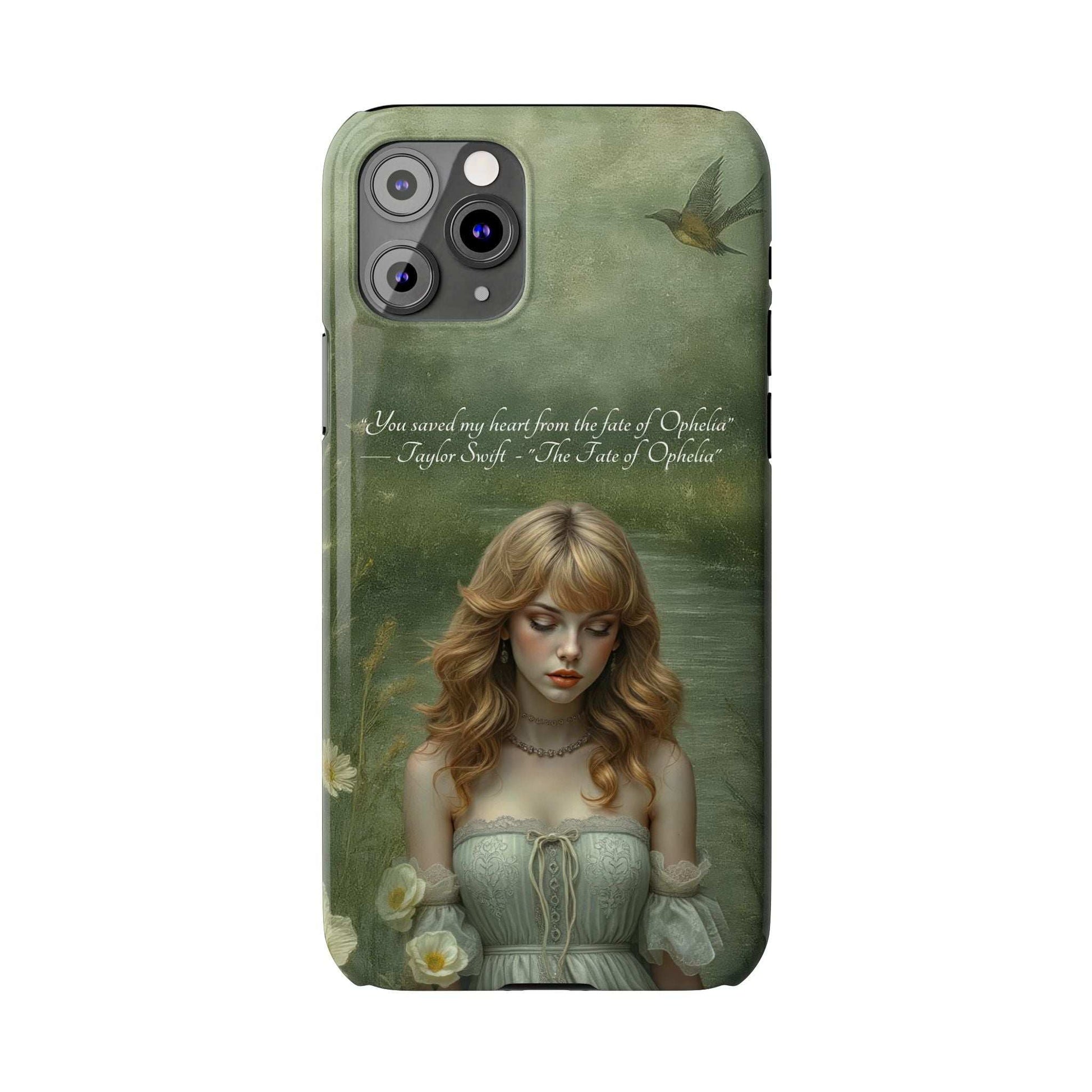 Green iPhone phone case with painted woman, bird, and flowers; raised camera cutouts