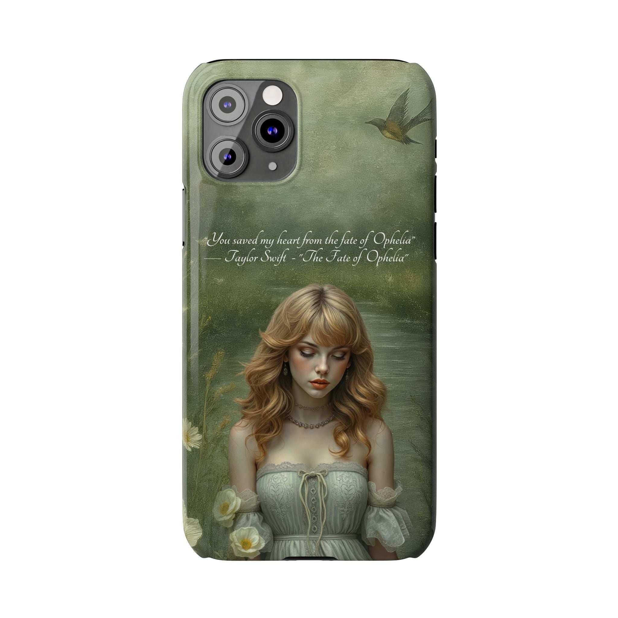Green iPhone phone case with painted woman, bird, and flowers; raised camera cutouts
