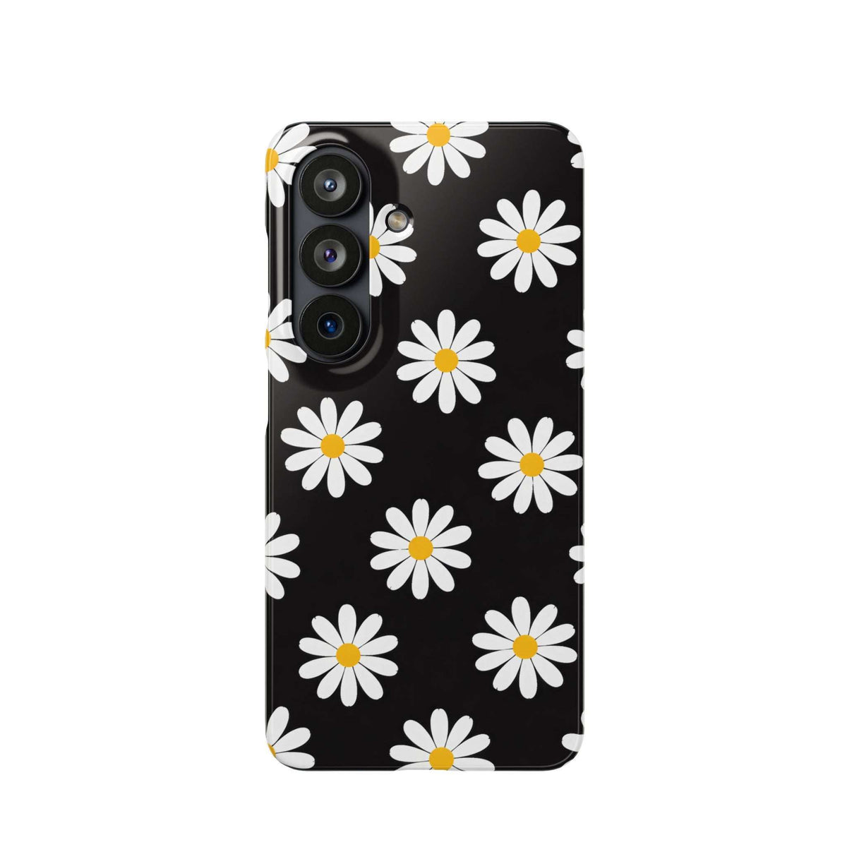 Black phone case with white daisies and yellow centers; side visible cutouts for 3 camera lenses