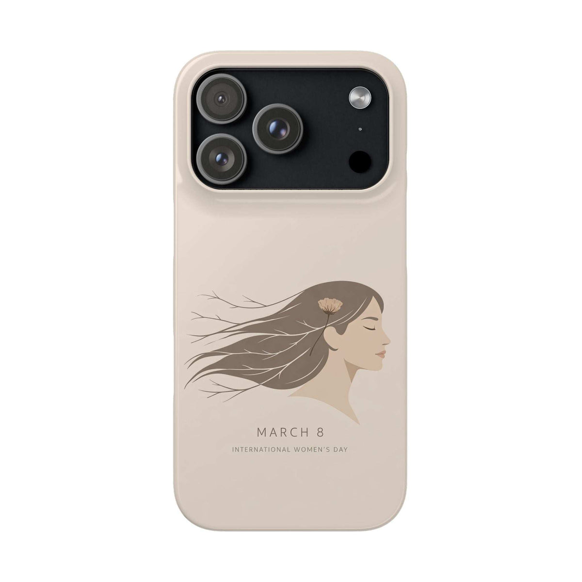 Beige phone case with woman profile illustration, March 8 text, and triple-lens camera cutouts