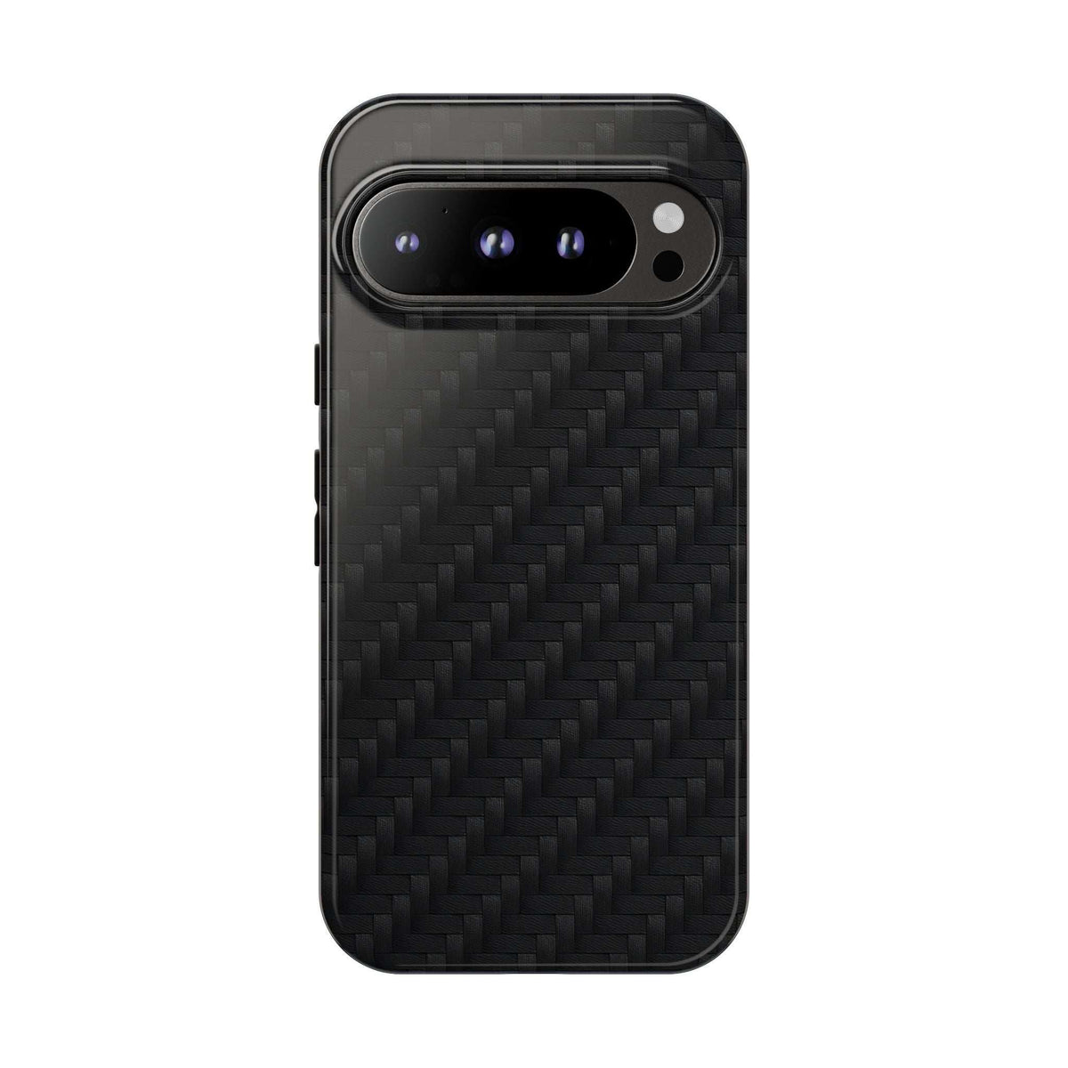 Black carbon-fiber phone case with horizontal camera bar and small flash opening