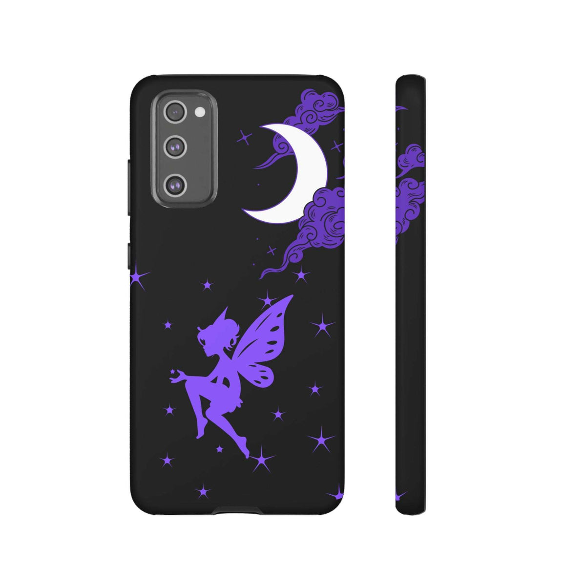 Black phone case featuring purple fairy silhouette and moon; camera openings on back