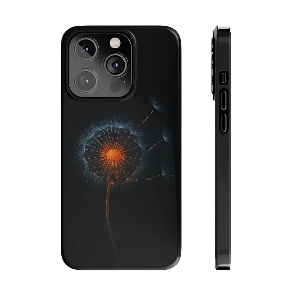 Matte black phone case featuring glowing dandelion and dandelion seeds graphic