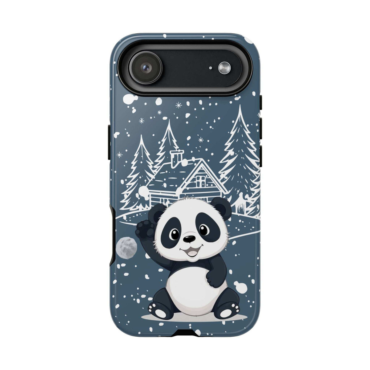 Dark blue iPhone phone case with panda in snowy forest, wide horizontal camera window