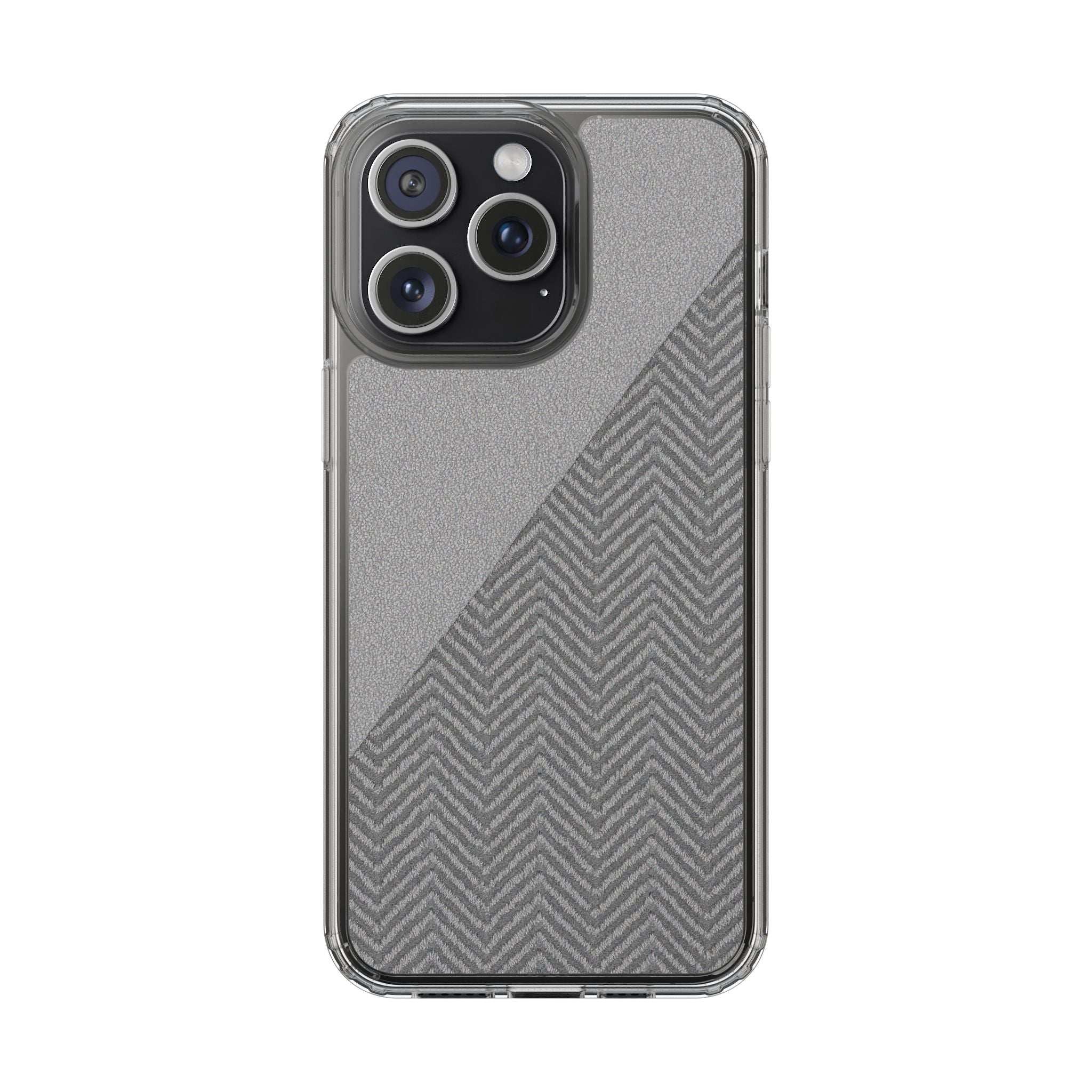 Tough iPhone case with speckled herringbone texture and clear bumper around edges