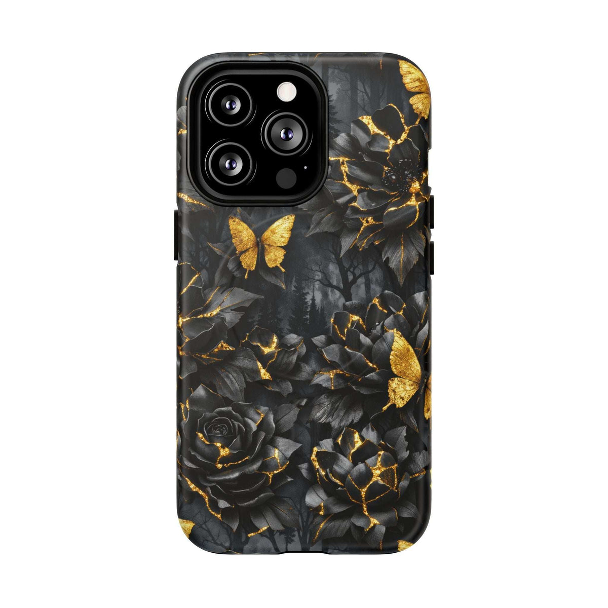 Black iPhone phone case showing gold butterfly and roses with kintsugi lines