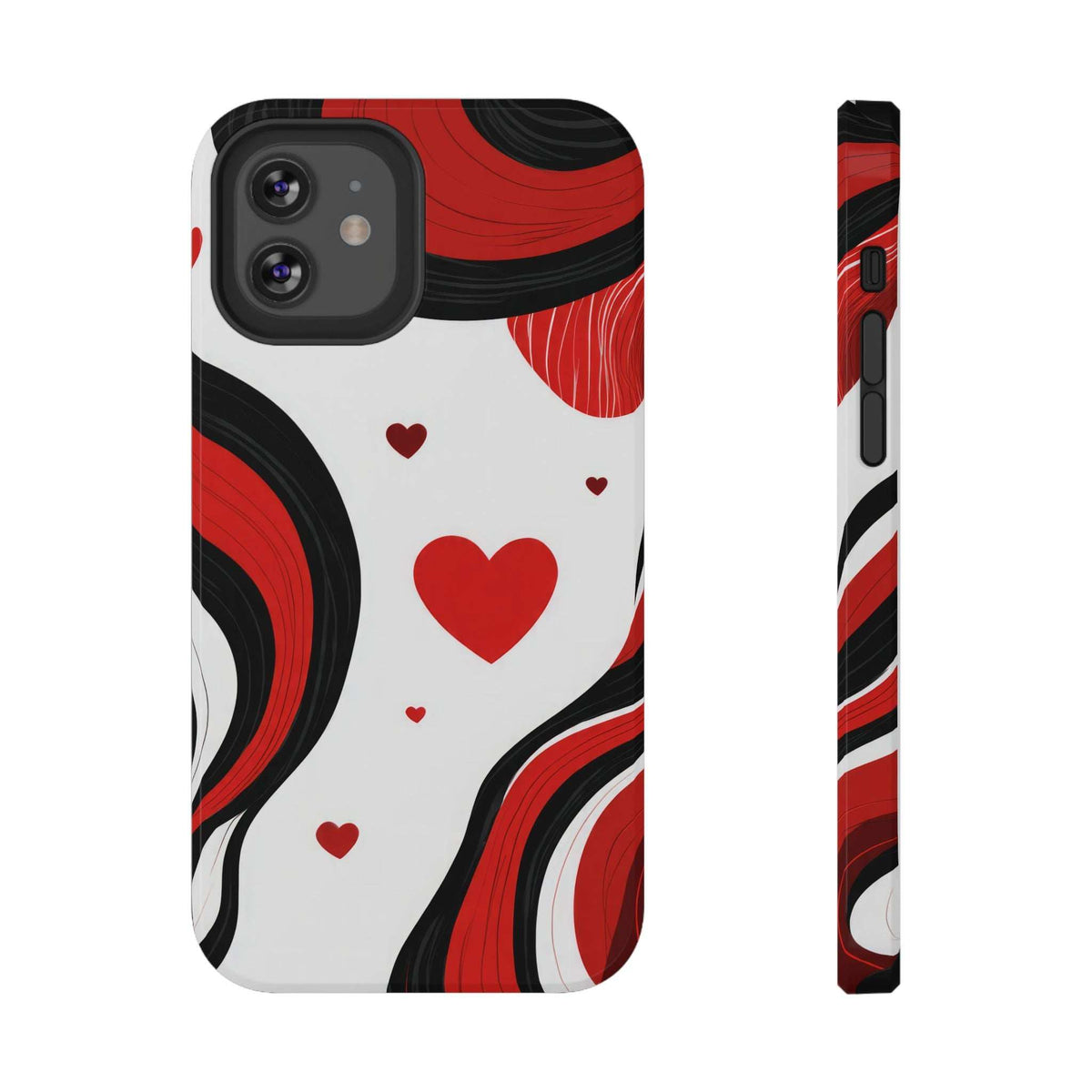 Glossy phone case with red heart and swirl pattern, raised camera cutouts