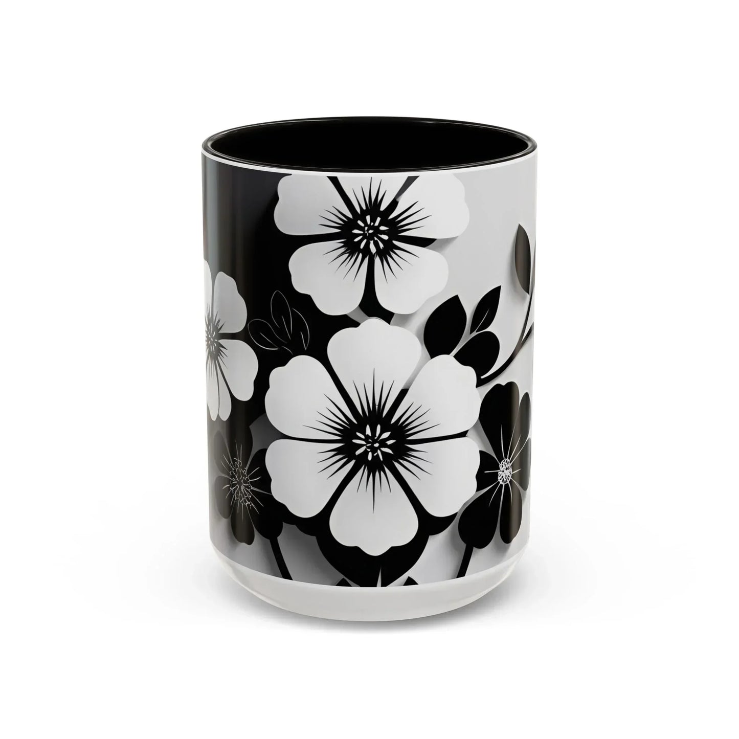 Floral Black & White Monochrome Ceramic Mug – 11oz & 15oz - KarArmDesign