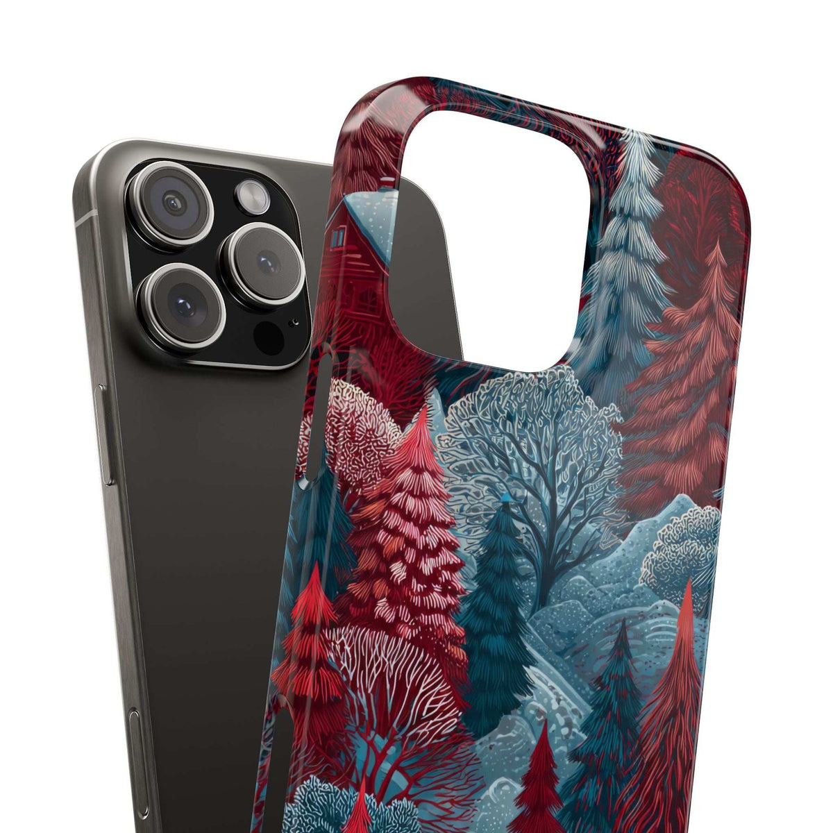 Winter forest phone case angled view; red and blue pine trees with raised camera cutouts