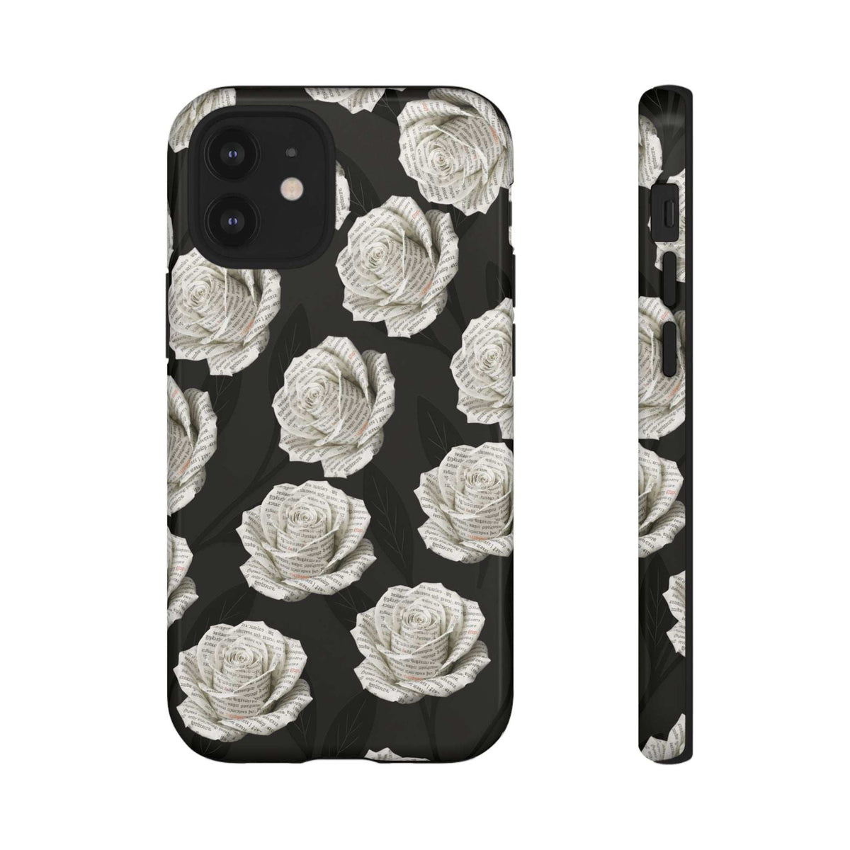Silent Bloom phone case, black background with white roses; back with camera and flash openings
