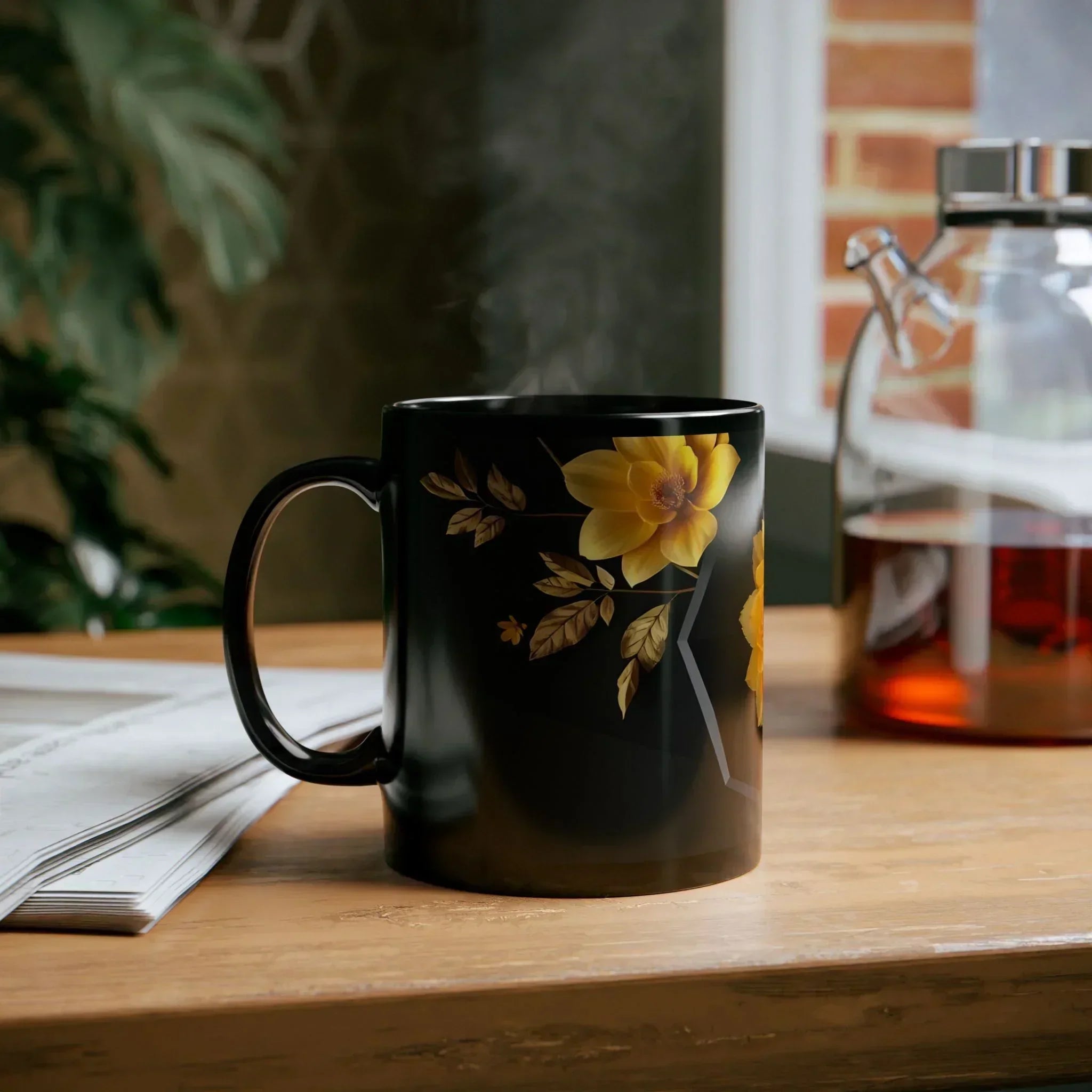 Glossy Black Floral Mug (11oz, 15oz) - KARARMDESIGN