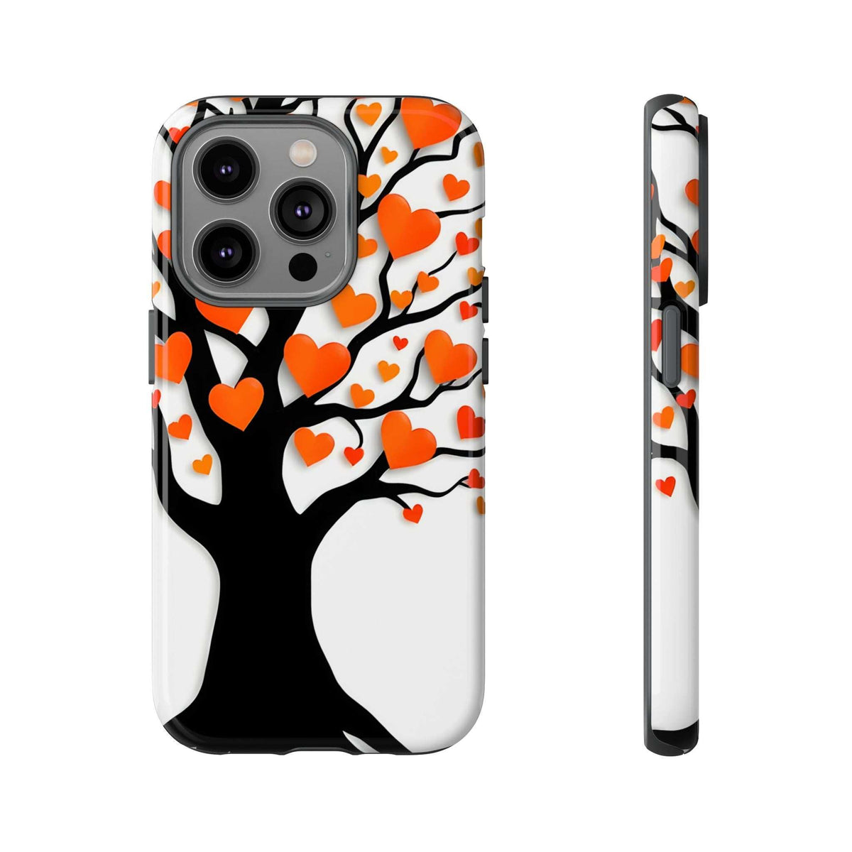 Phone case with heart tree pattern and orange hearts; multi-lens camera cutout