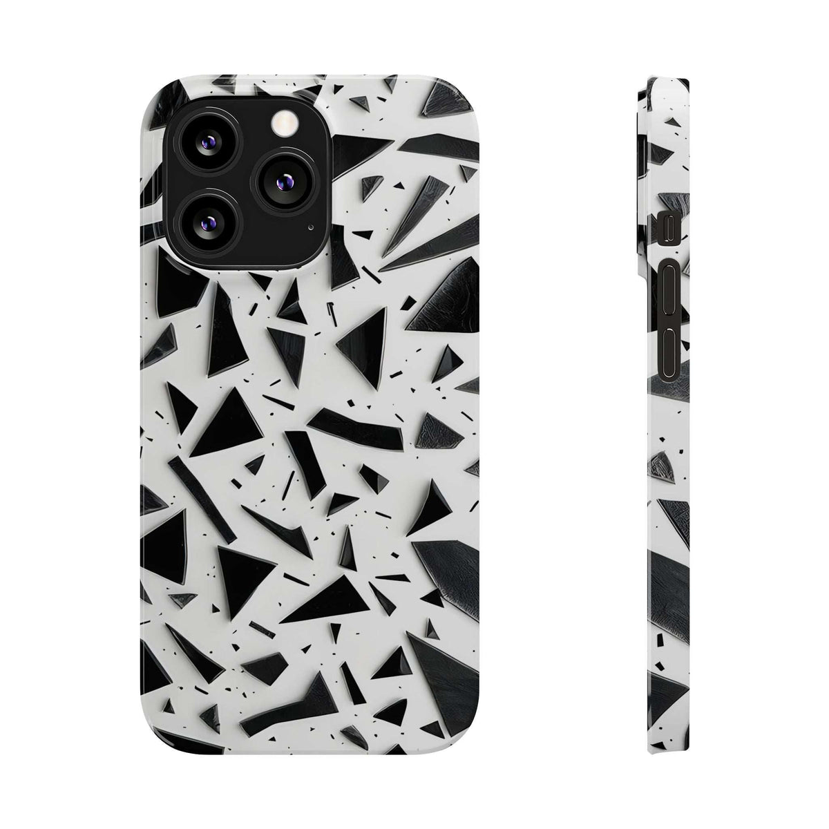 Slim phone case with black and white abstract shards, front and thin side profile