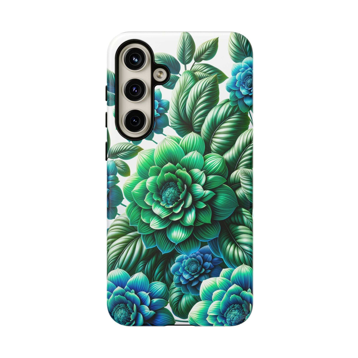Floral phone case with green peony blooms and blue flowers, camera cutouts on back