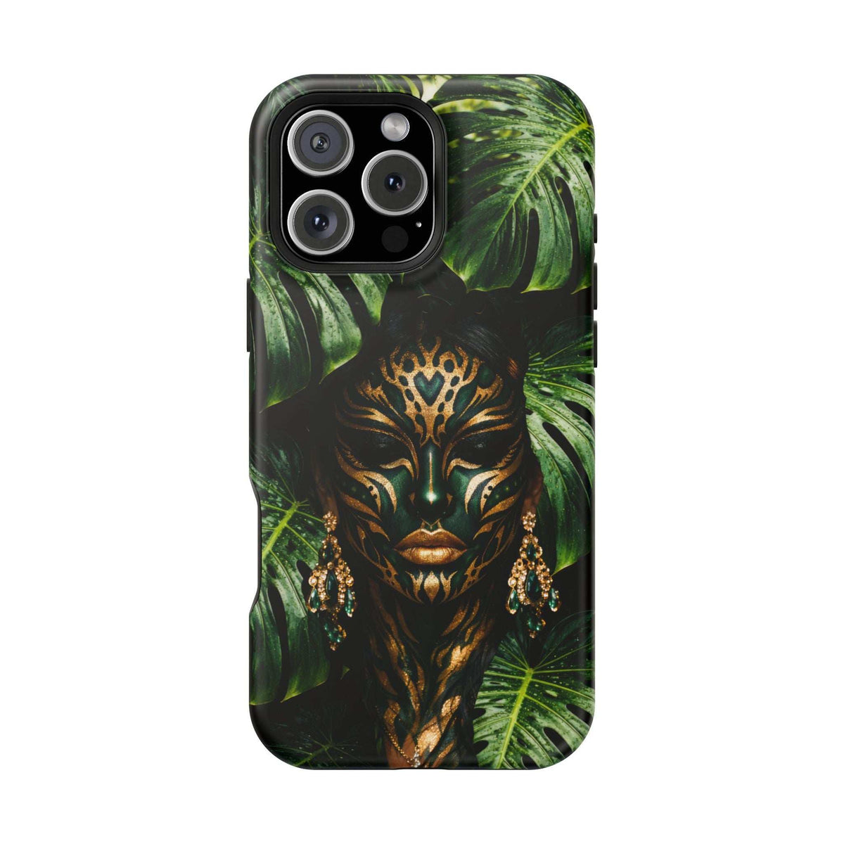 Phone case with jungle spirit face artwork and tropical leaf design, triple lens cutouts