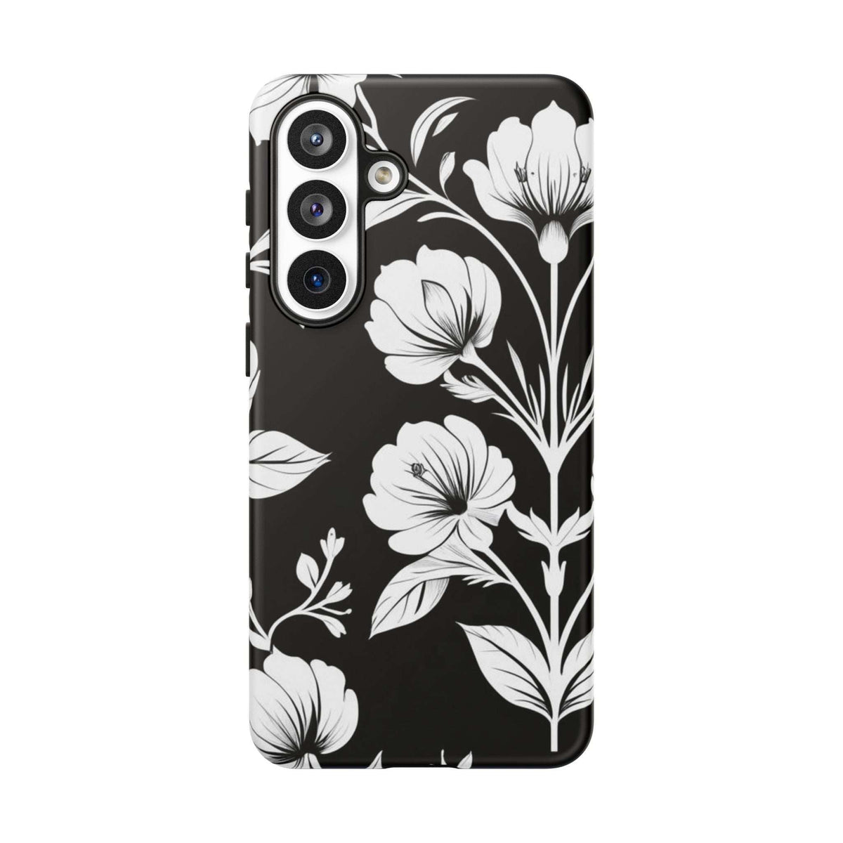 Phone case with dark background and white floral stems, camera opening protection