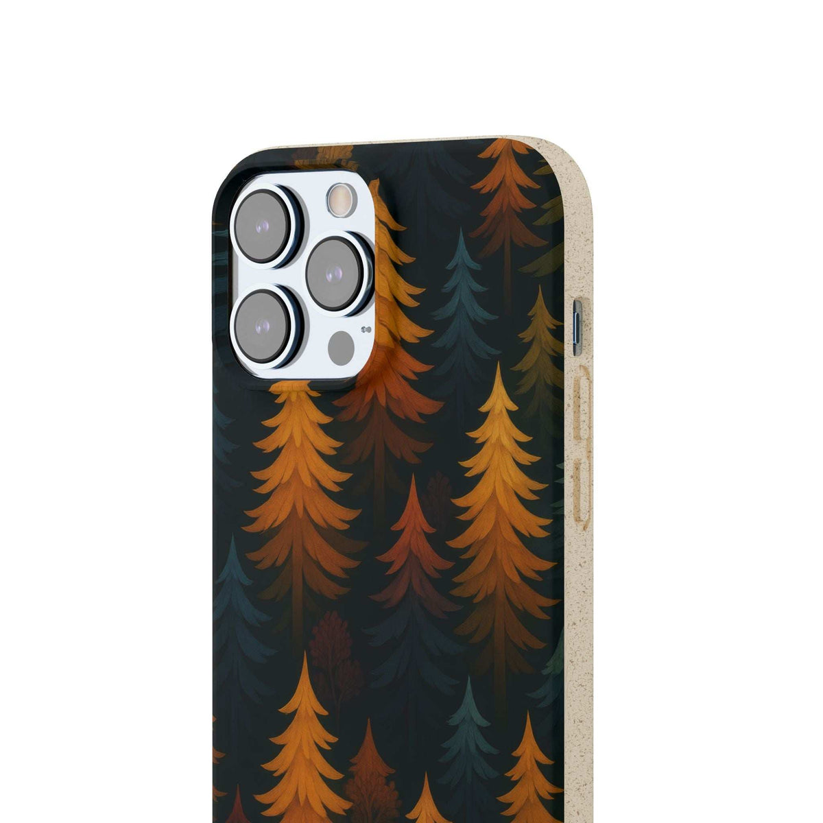 Biodegradable phone case close-up, forest trees in dark blue and orange; camera cutouts