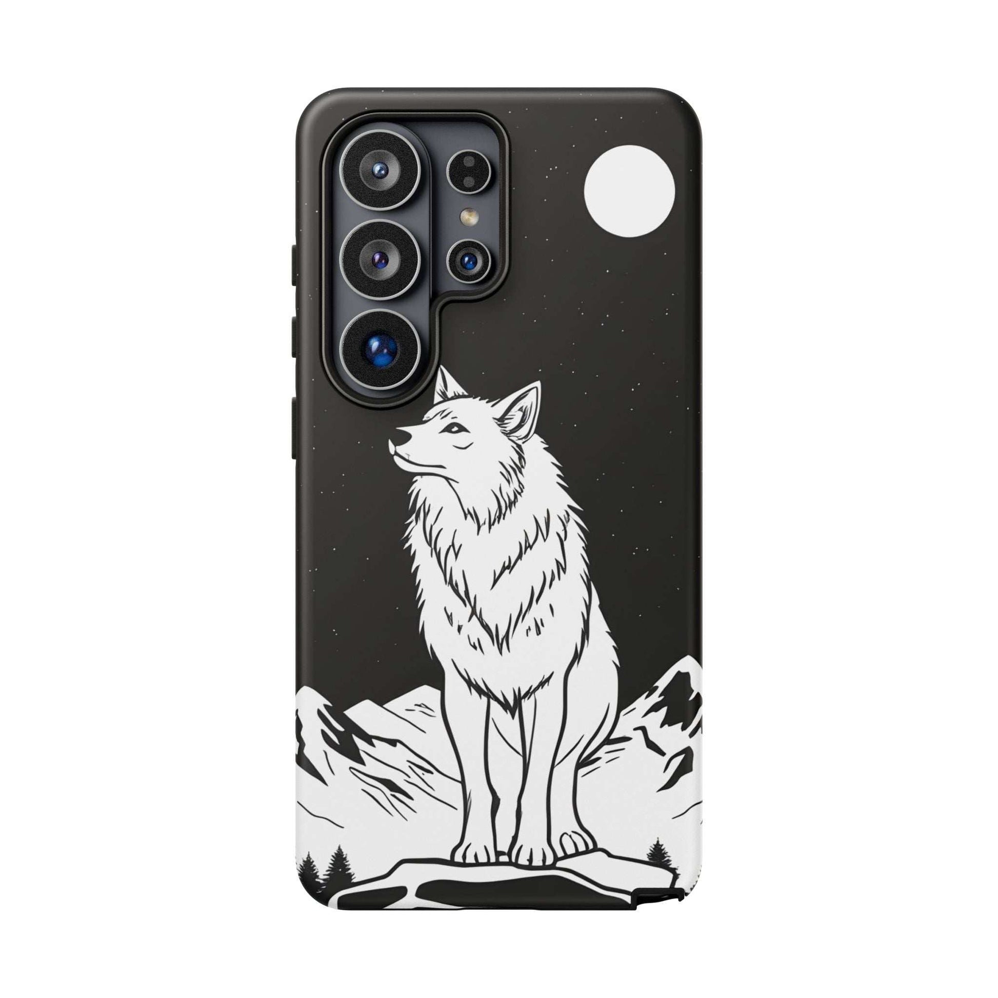 Black phone case with white wolf design, triple camera cutouts, and top-right circle