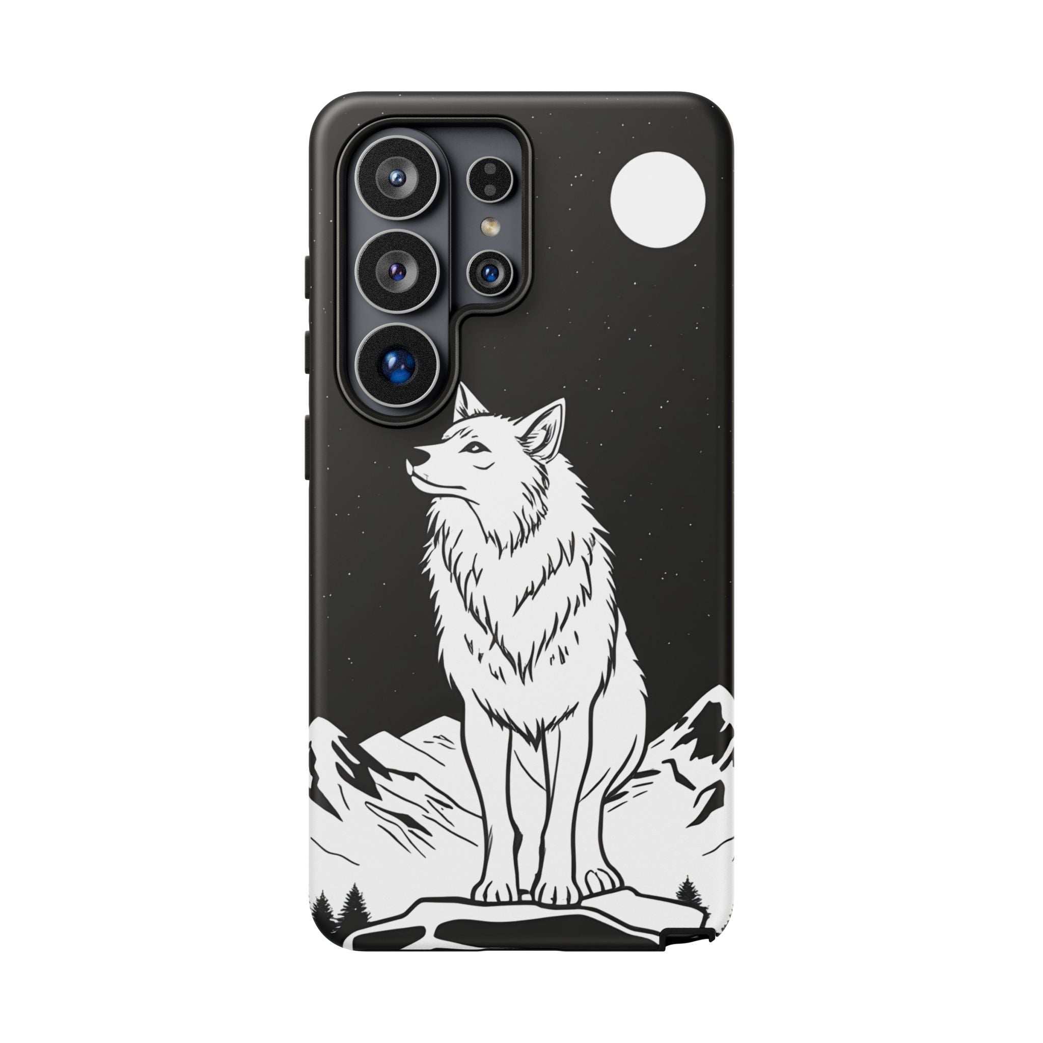 Black phone case with white wolf design, triple camera cutouts, and top-right circle