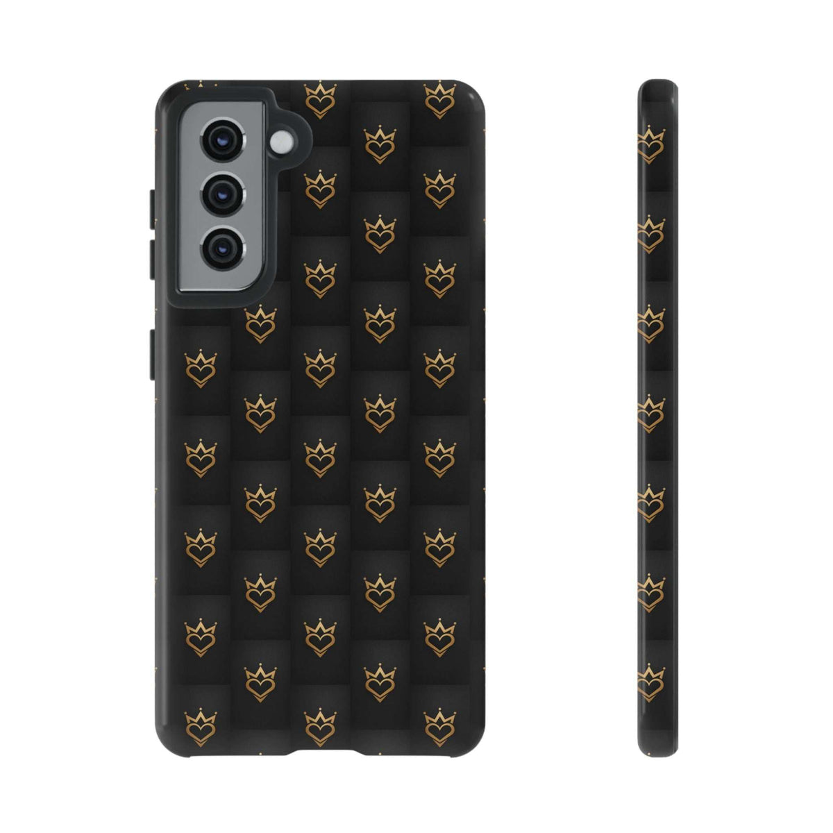Glossy black phone case with gold crown doodle pattern, side profile with button cutouts
