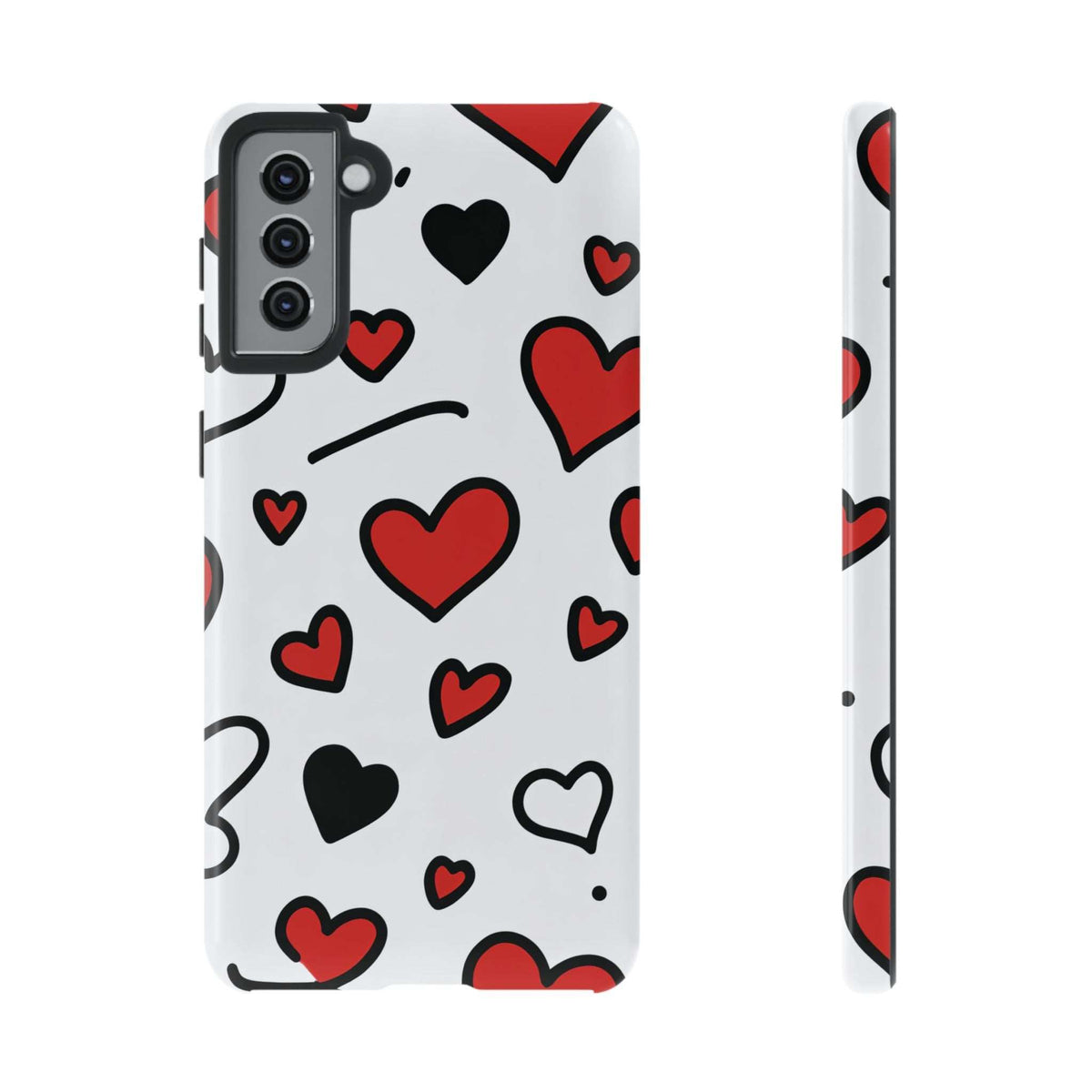 White heart-pattern phone case with red and black hearts; side buttons and camera openings