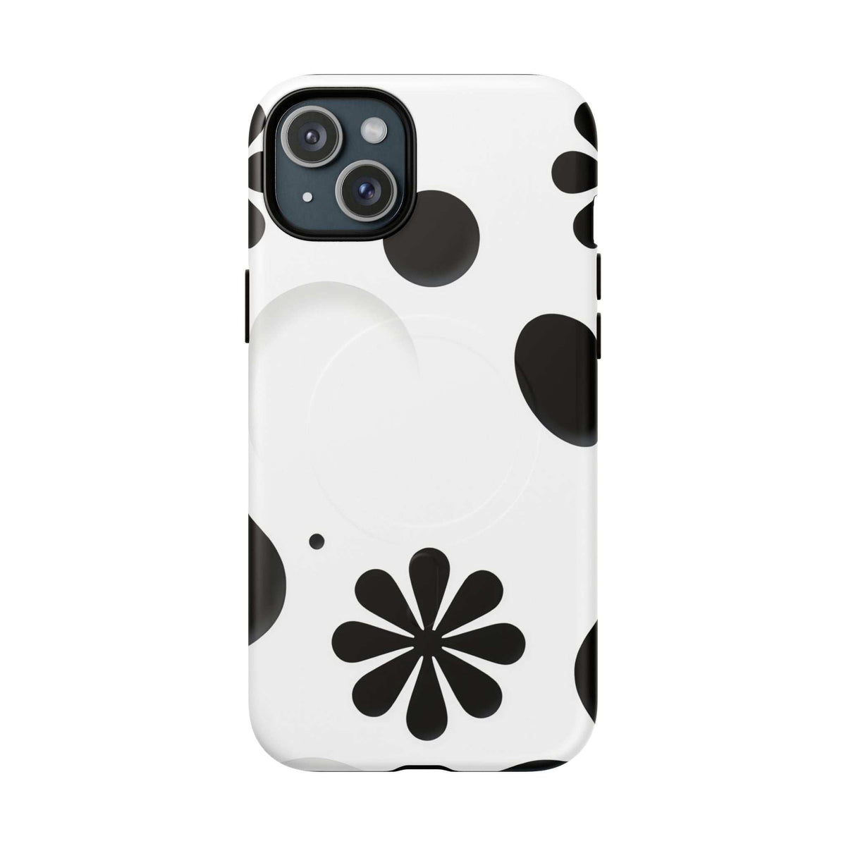 White phone case with black flower and dot pattern, open camera cutout