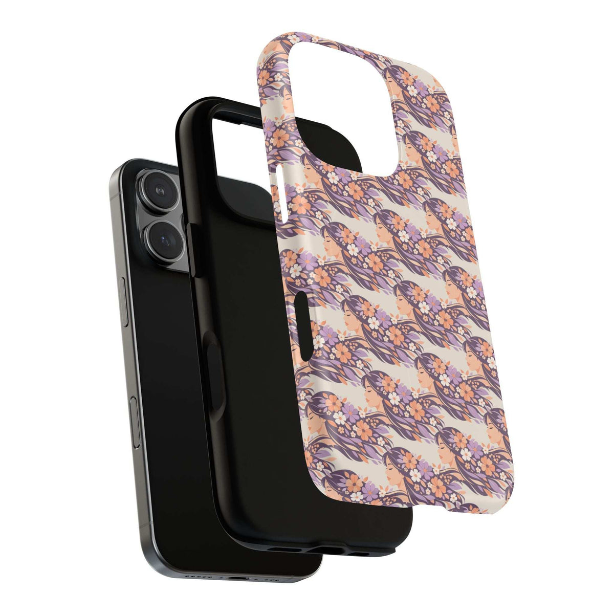 Floral phone case with repeating pastel purple and pink flowers, camera lens cutouts