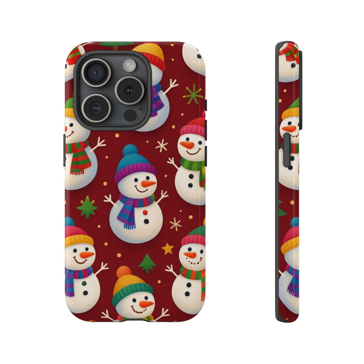 Glossy phone case front with maroon snowmen and colorful accessories; multi-camera cutouts.