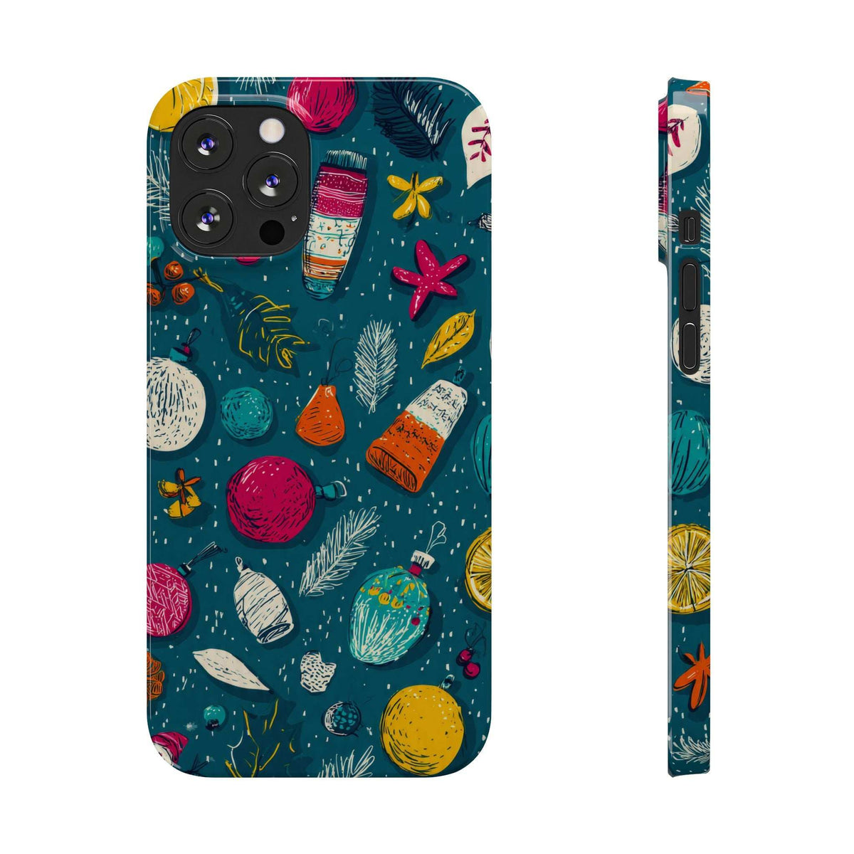 Winter Joy phone case for iPhone, teal with colorful winter icons; raised camera cutouts