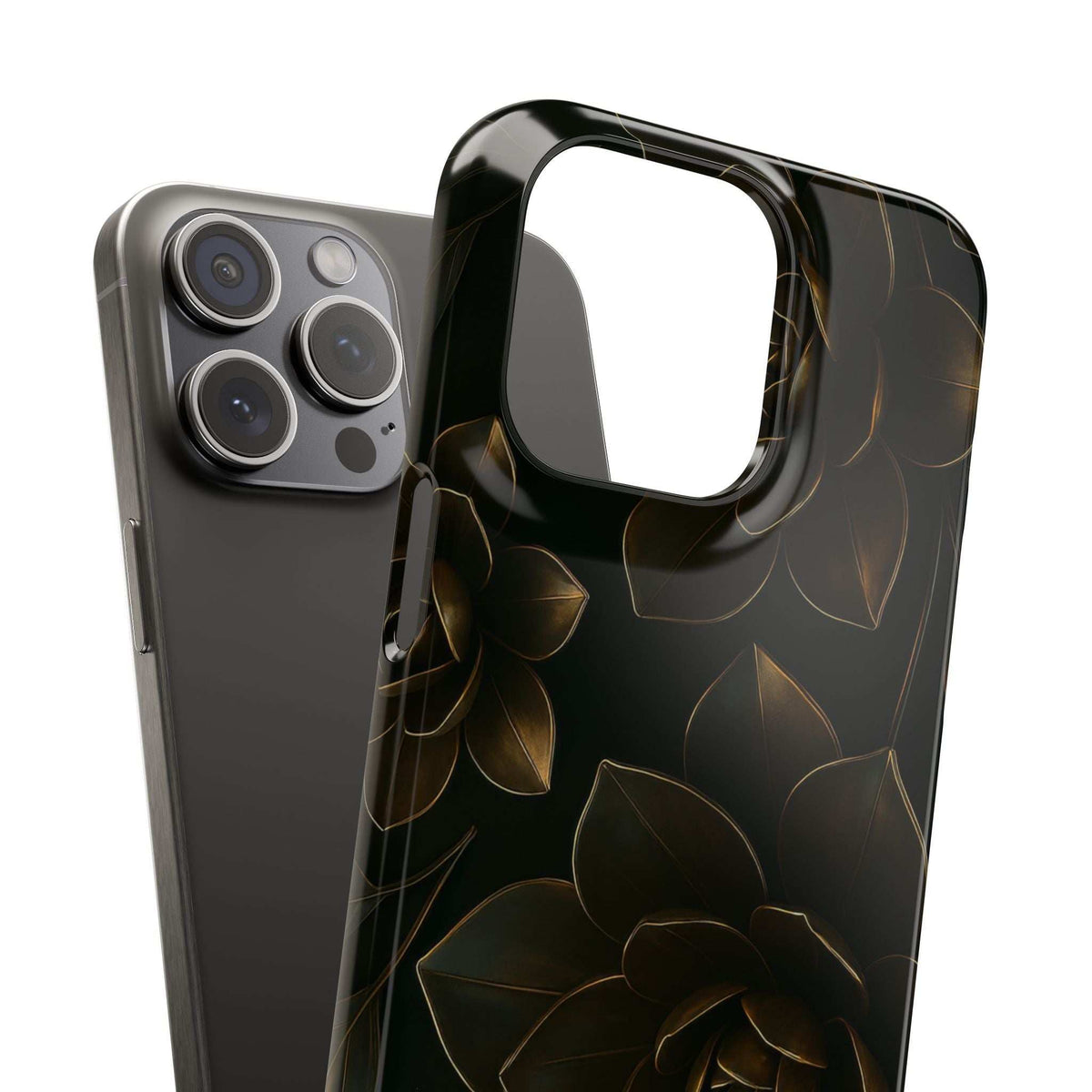 Glossy black phone case with gold rose floral design and curved edge camera protection