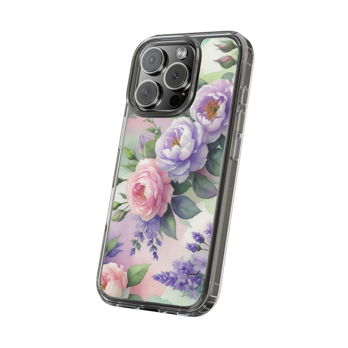 Clear floral phone case on a phone, purple peony bouquet design with transparent frame