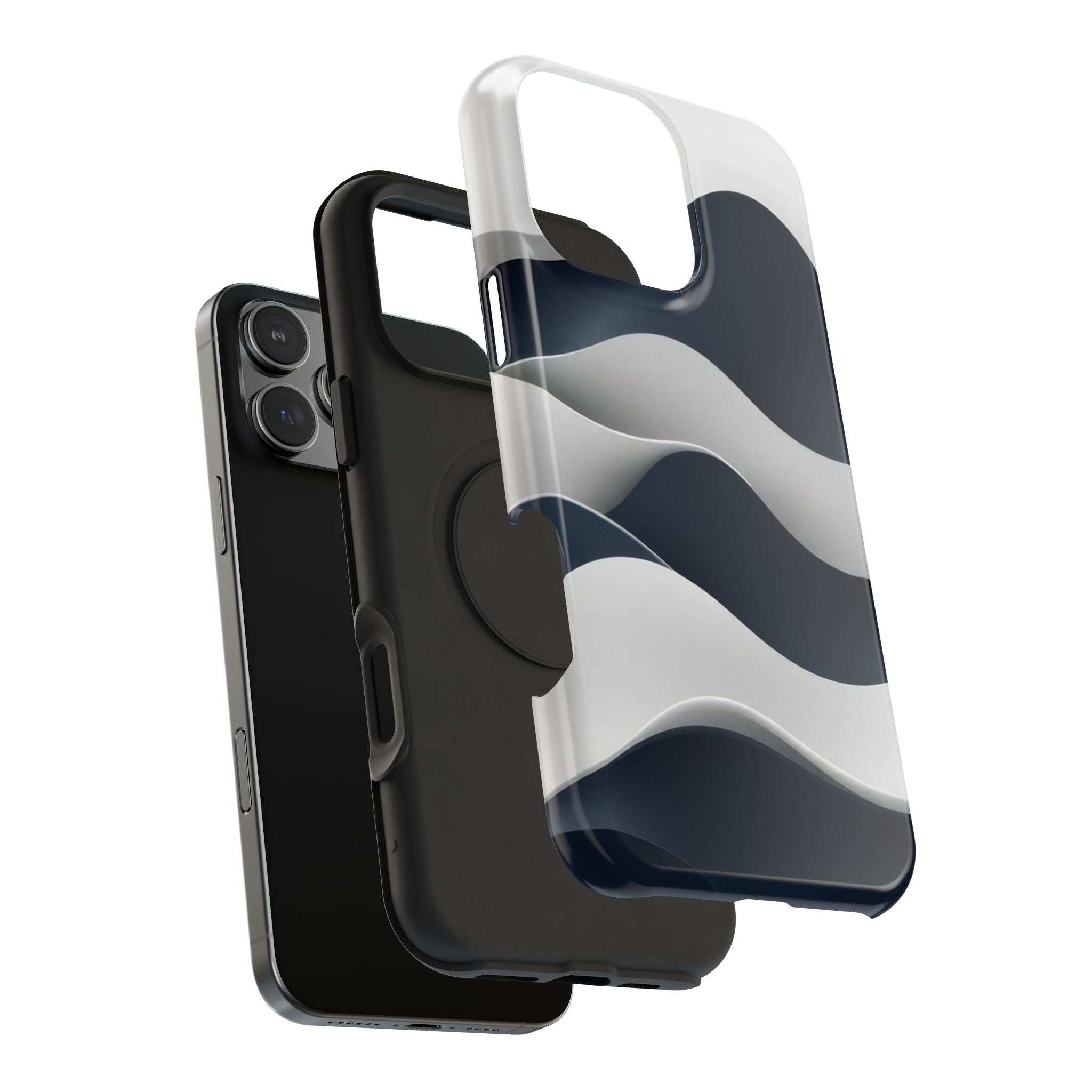 Glossy phone case with white and navy wave pattern, side buttons and camera cutouts