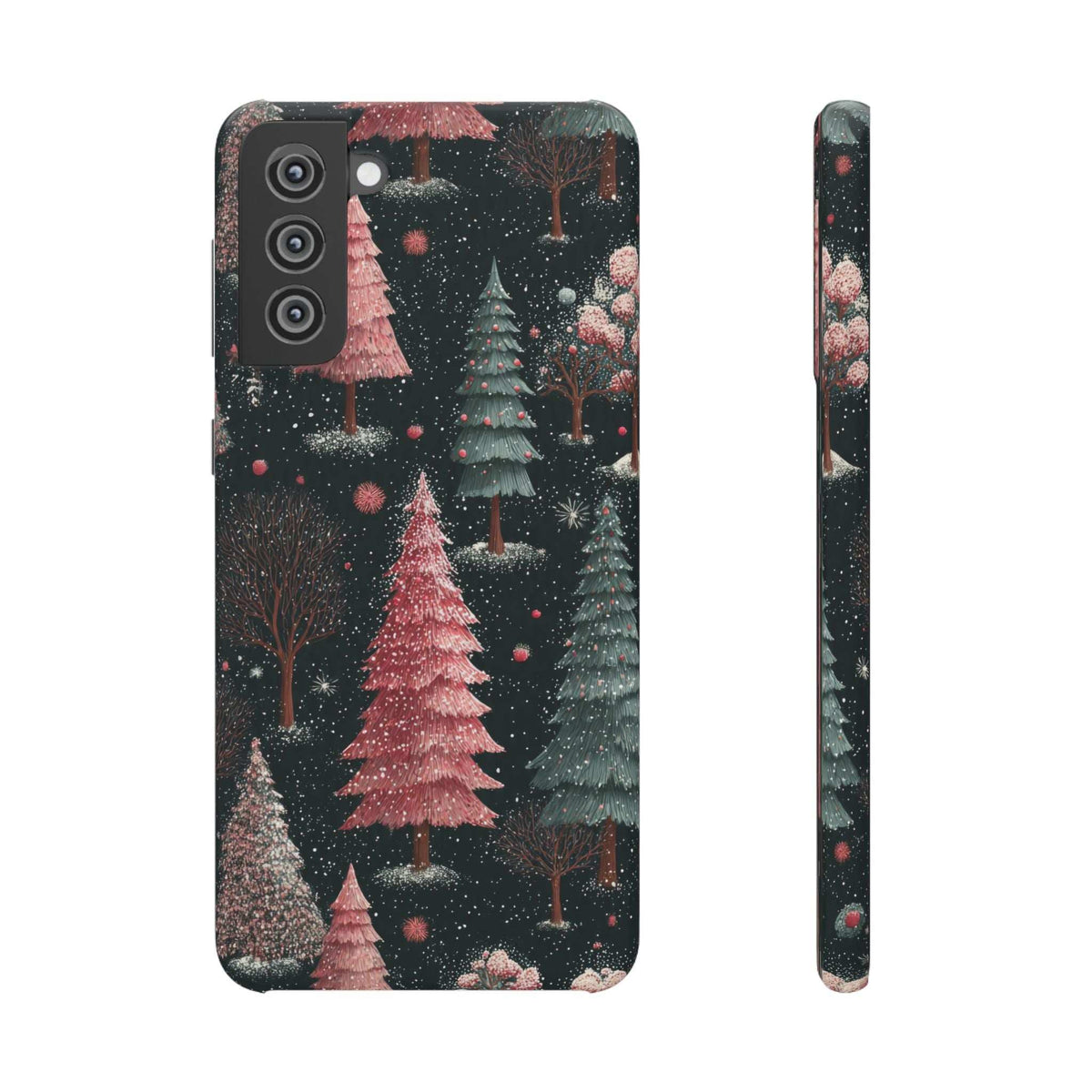 Forest-themed glossy phone case with snowy pine trees and pink-red accents; front view.