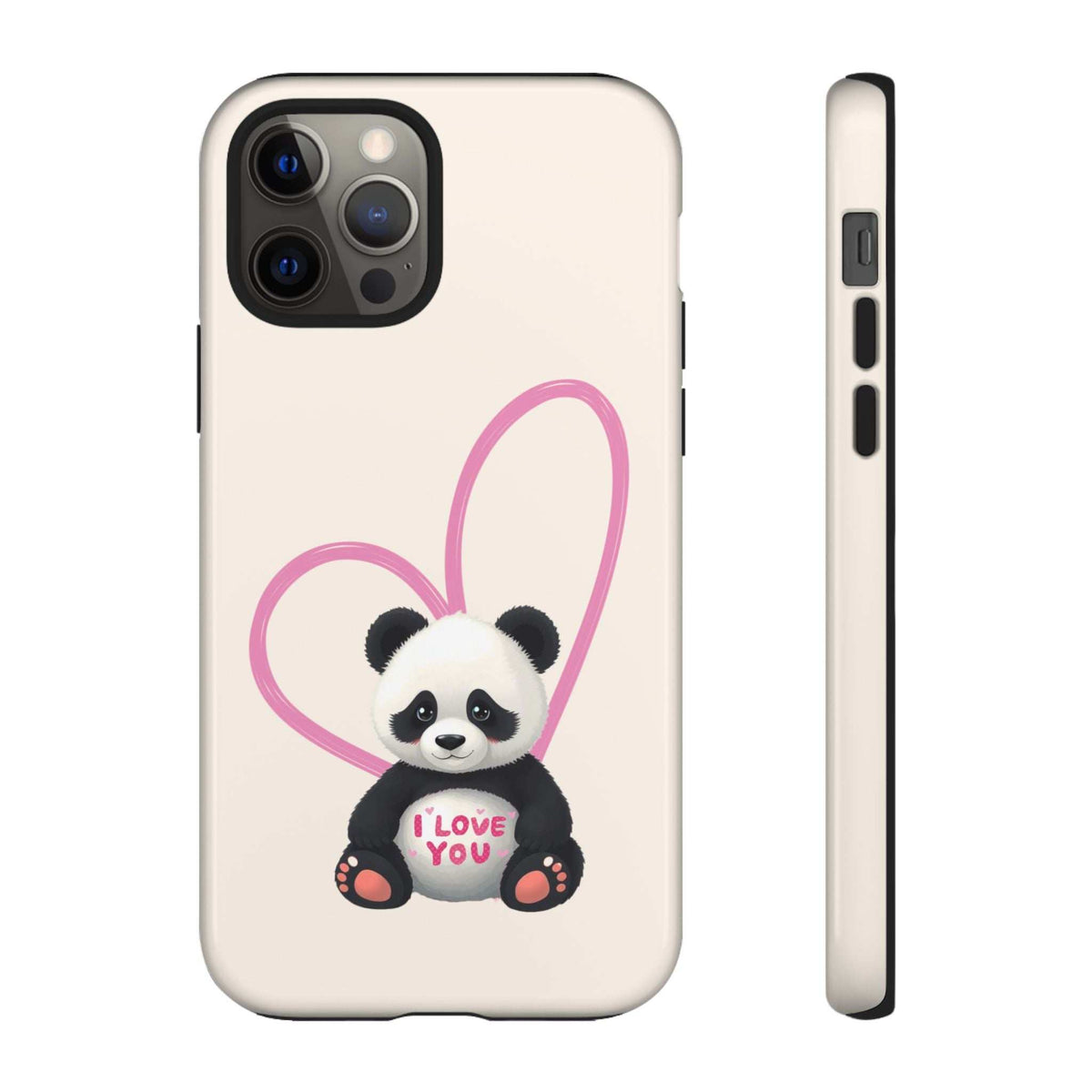Light cream phone case with panda in pink heart and “I love you” text, raised camera area