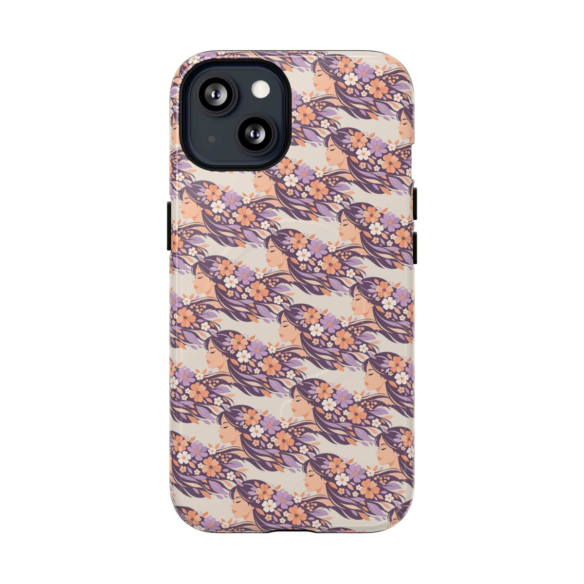 Floral phone case with dual-camera cutout, pastel pink and navy floral pattern