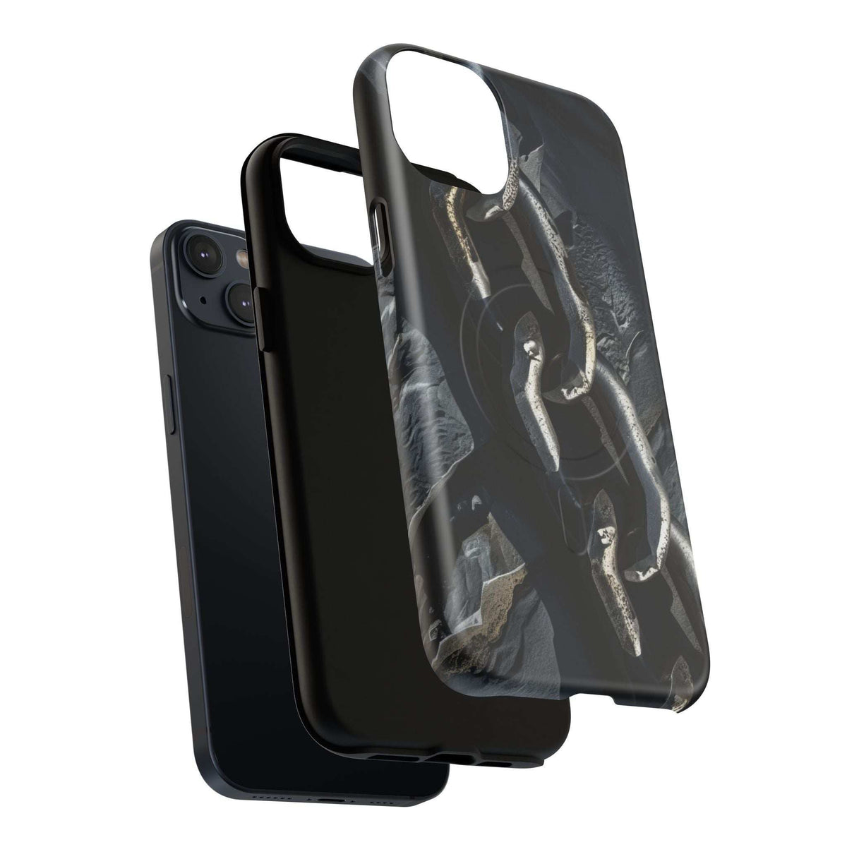 Protective phone case with dark edges and clear back; metallic chain graphic under transparent layer.