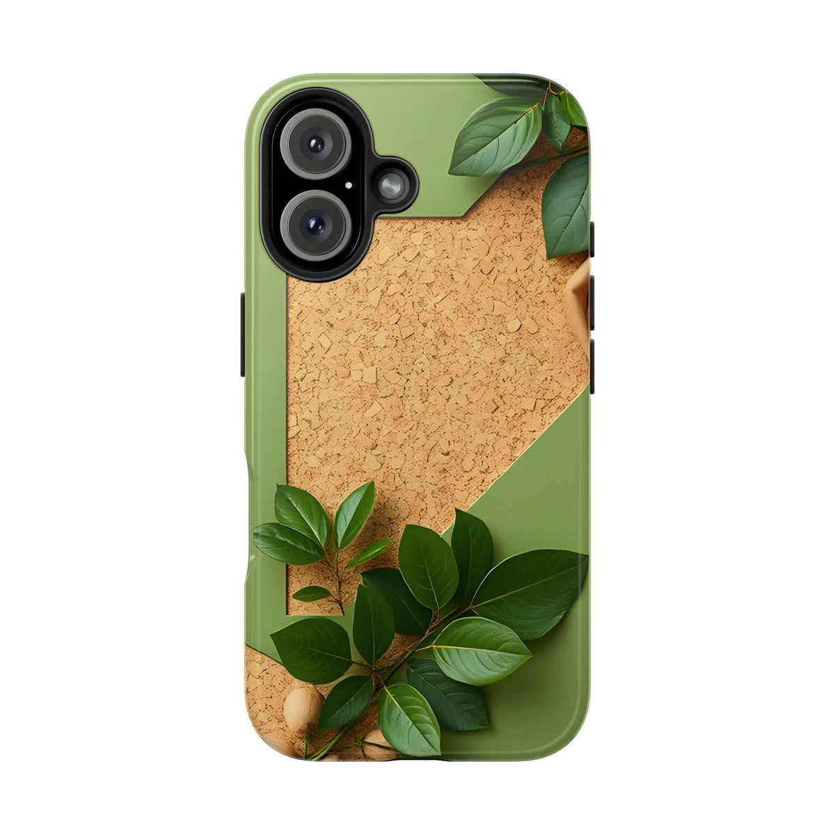 Olive green phone case with cork-look design and leaf pattern; dark camera module
