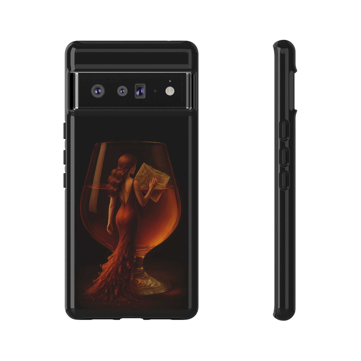 Glossy black phone case, backside view; multi-camera openings and lady holding book graphic.