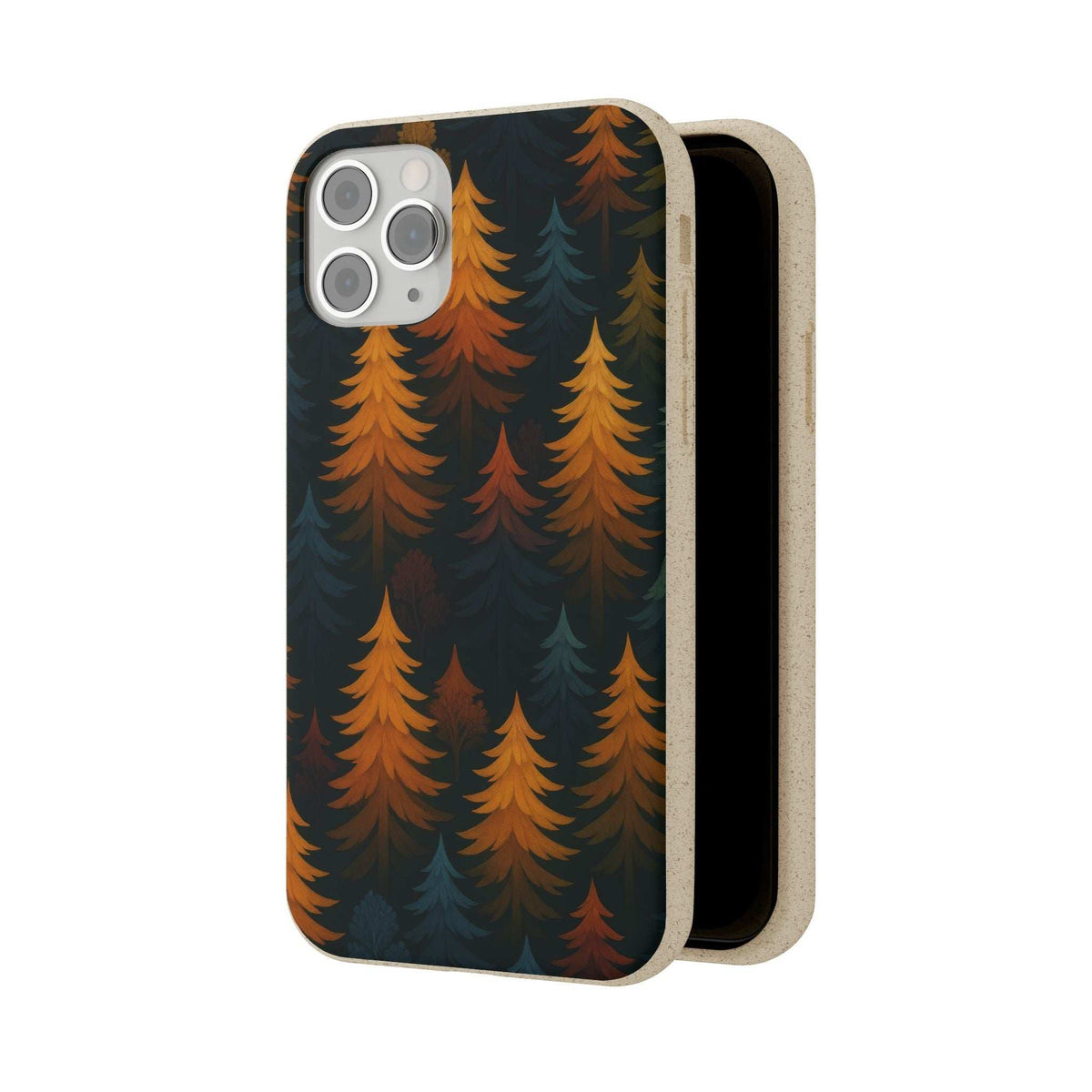 Biodegradable phone case with forest trees pattern, dark blue and orange, back view