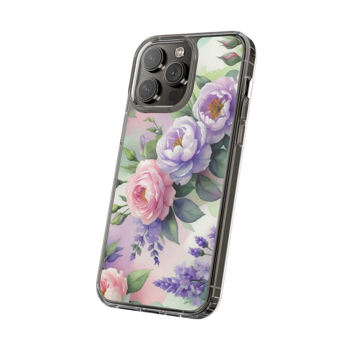 Clear phone case with purple peony and pink rose floral print; glossy camera bump cover