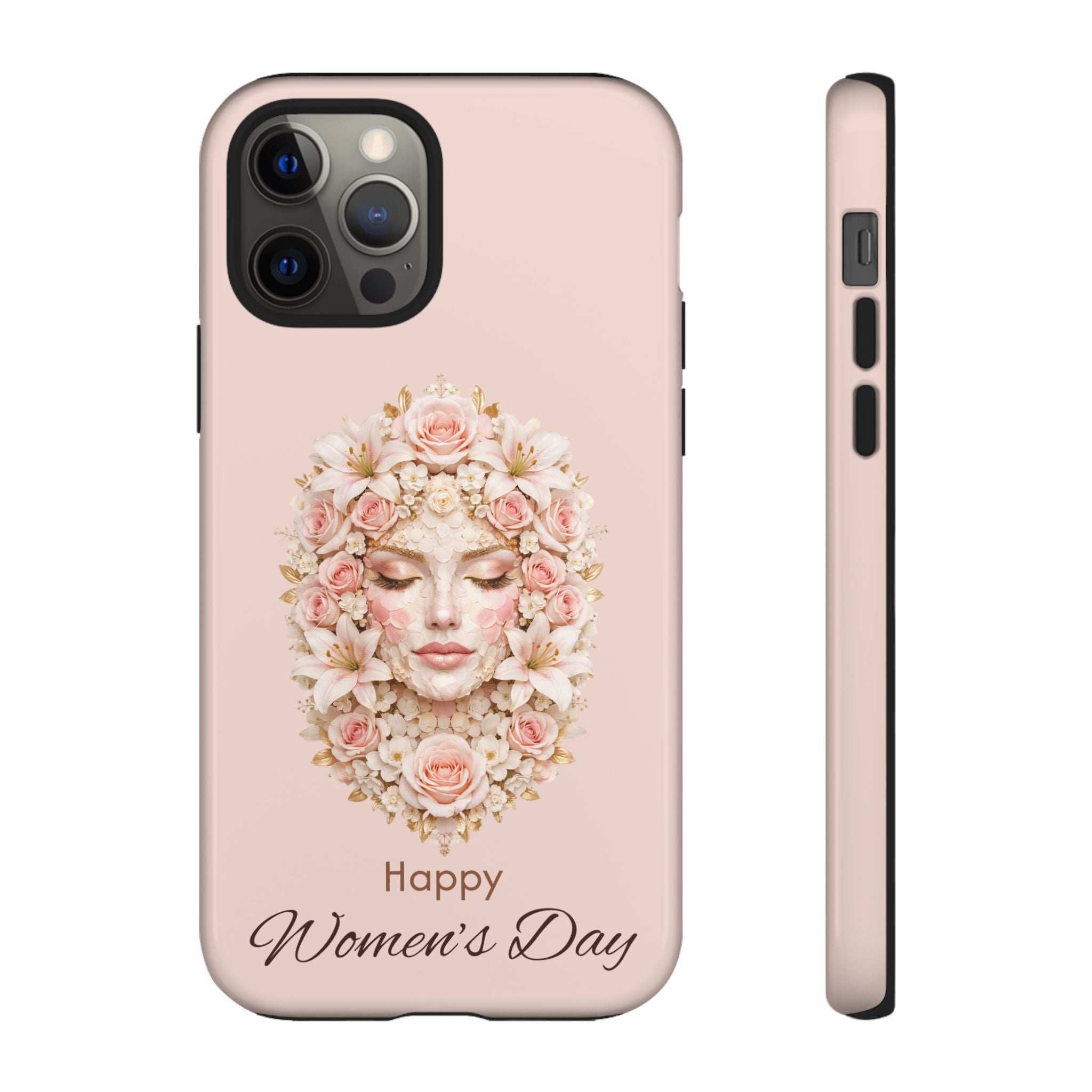 She Blooms pink phone case with floral wreath woman face; “Happy Women’s Day” text; front and side