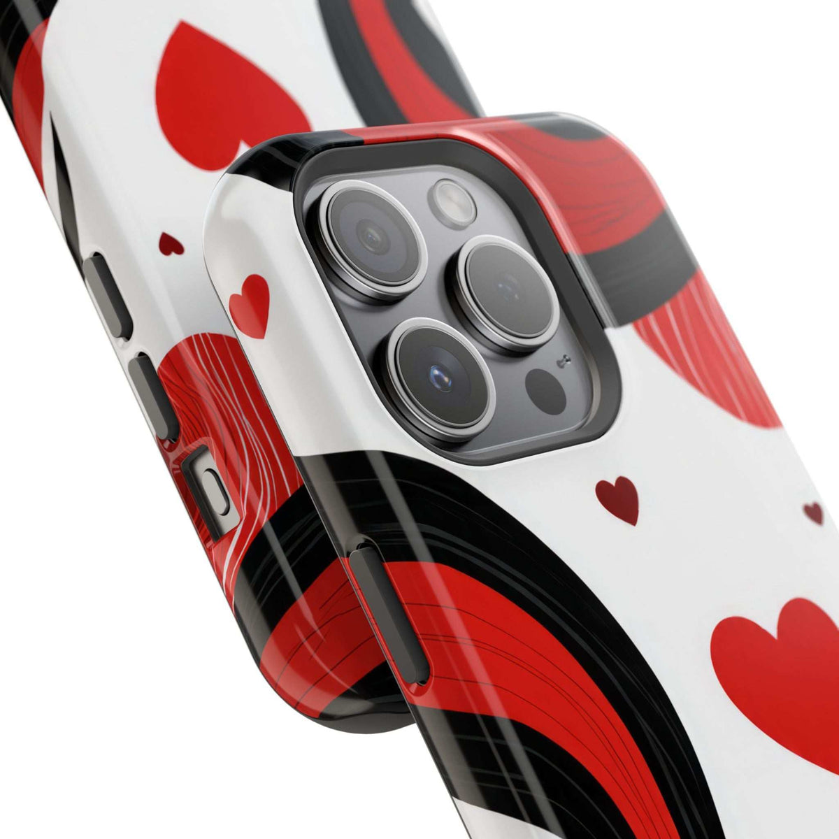 Phone case close-up of triple-camera area with red heart and swirl design in red, black, white.