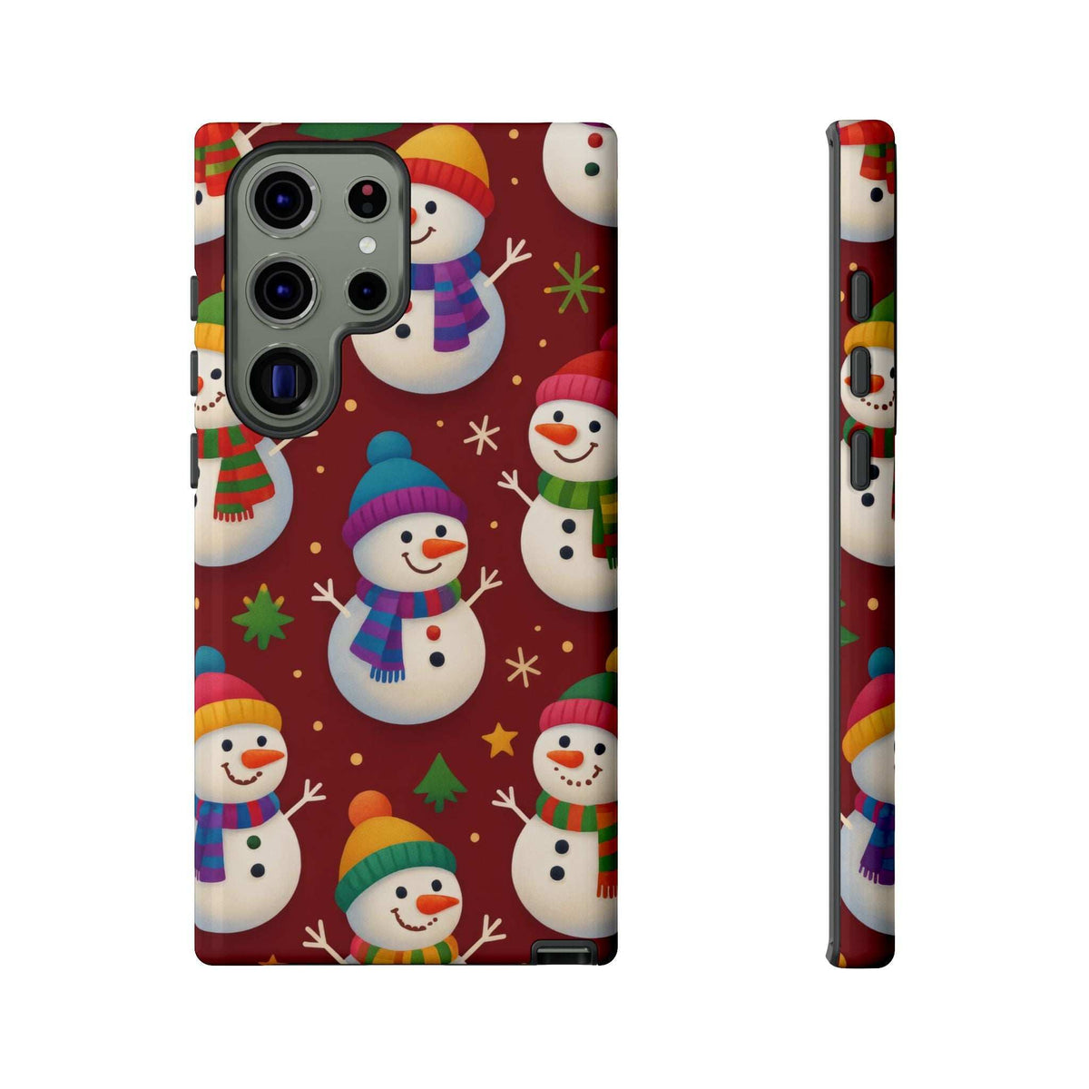 Glossy phone case with maroon snowman parade pattern, raised camera cutouts and side button cover.