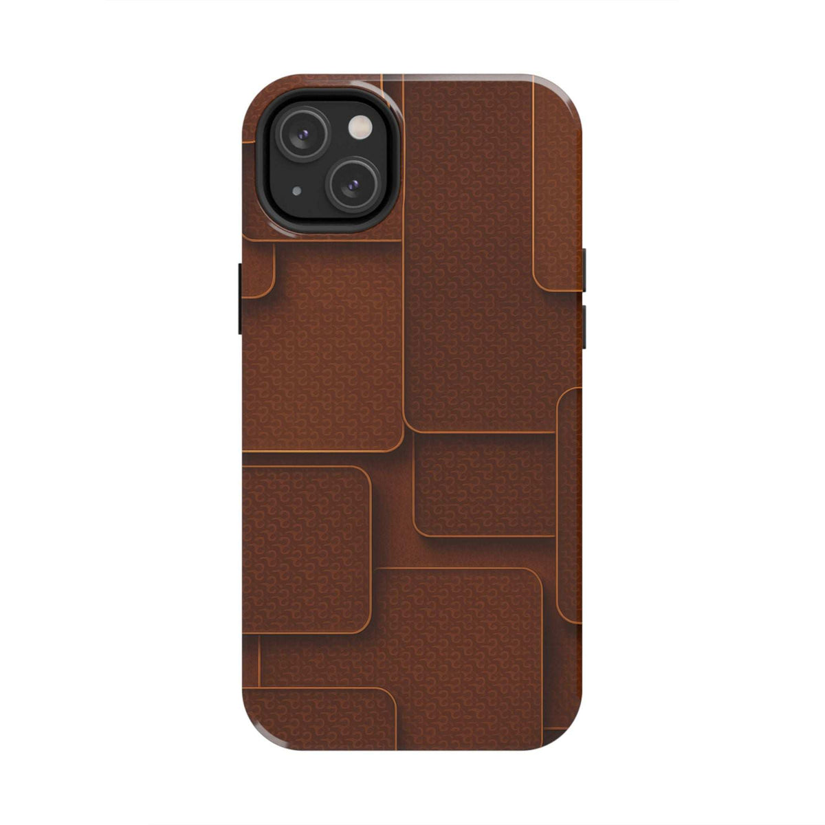 Brown textured phone case with camera cutout and molded grid panel design