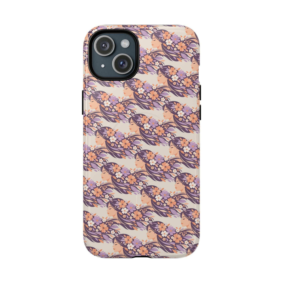 Floral iPhone 13-17 phone case back view, pastel pink and purple blossom pattern