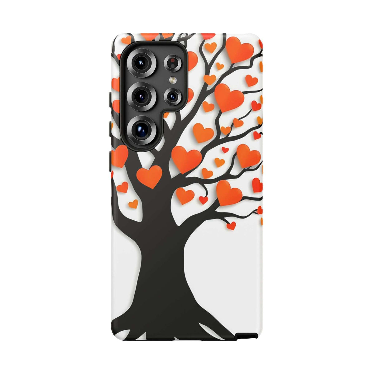 Phone case front with orange heart pattern on white, black tree silhouette, quad camera cutout