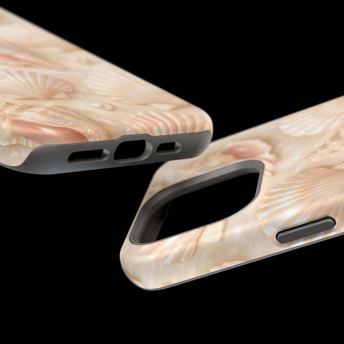 Beige seashell phone case with raised camera bezel and side port openings