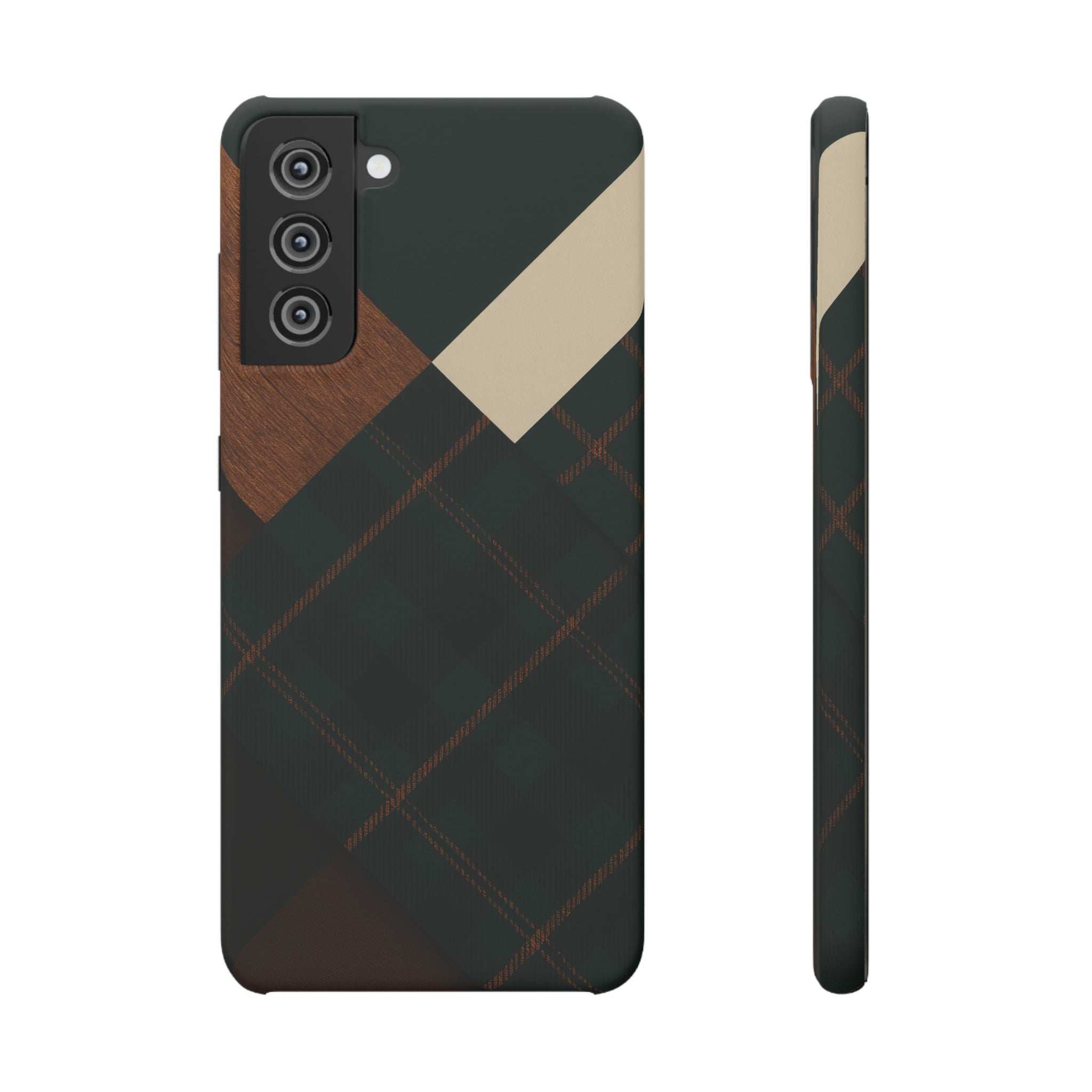 Dark green phone case with wood panel and plaid diamond pattern; slim side profile view.