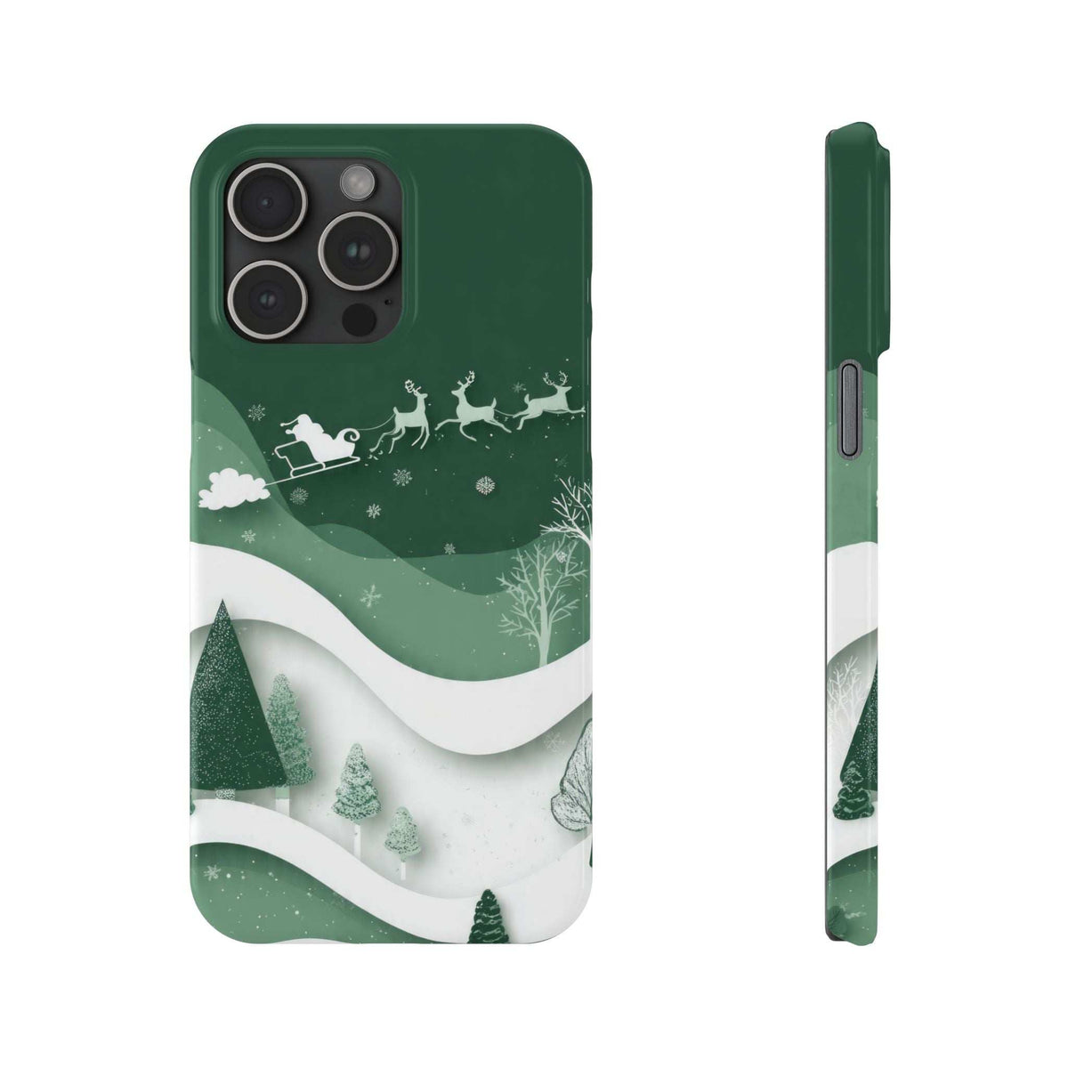 Green phone case with snowy trees and reindeer sleigh graphic; front and side views