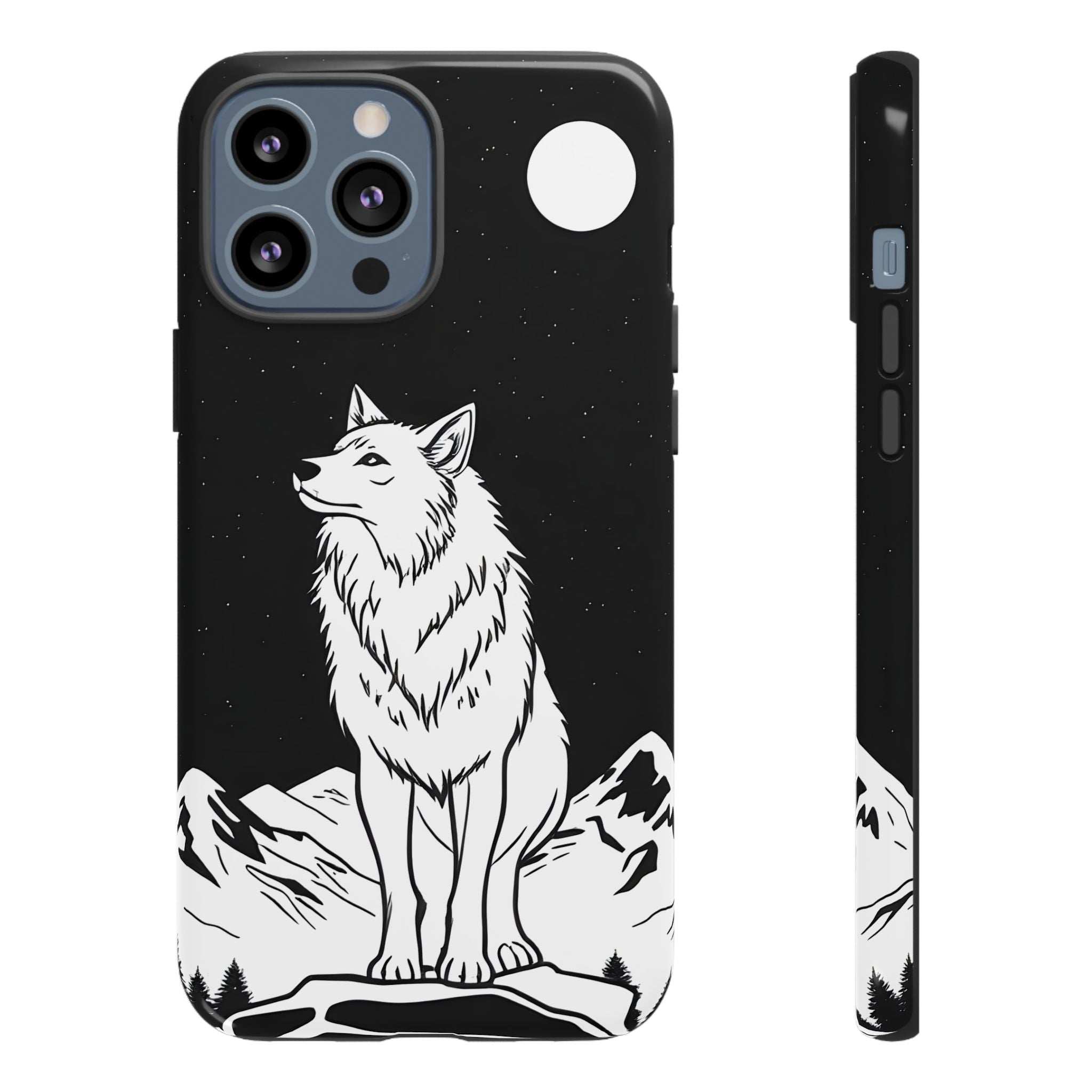 Wolf phone case, dark color with white wolf art, star speckles, and large round top cutout